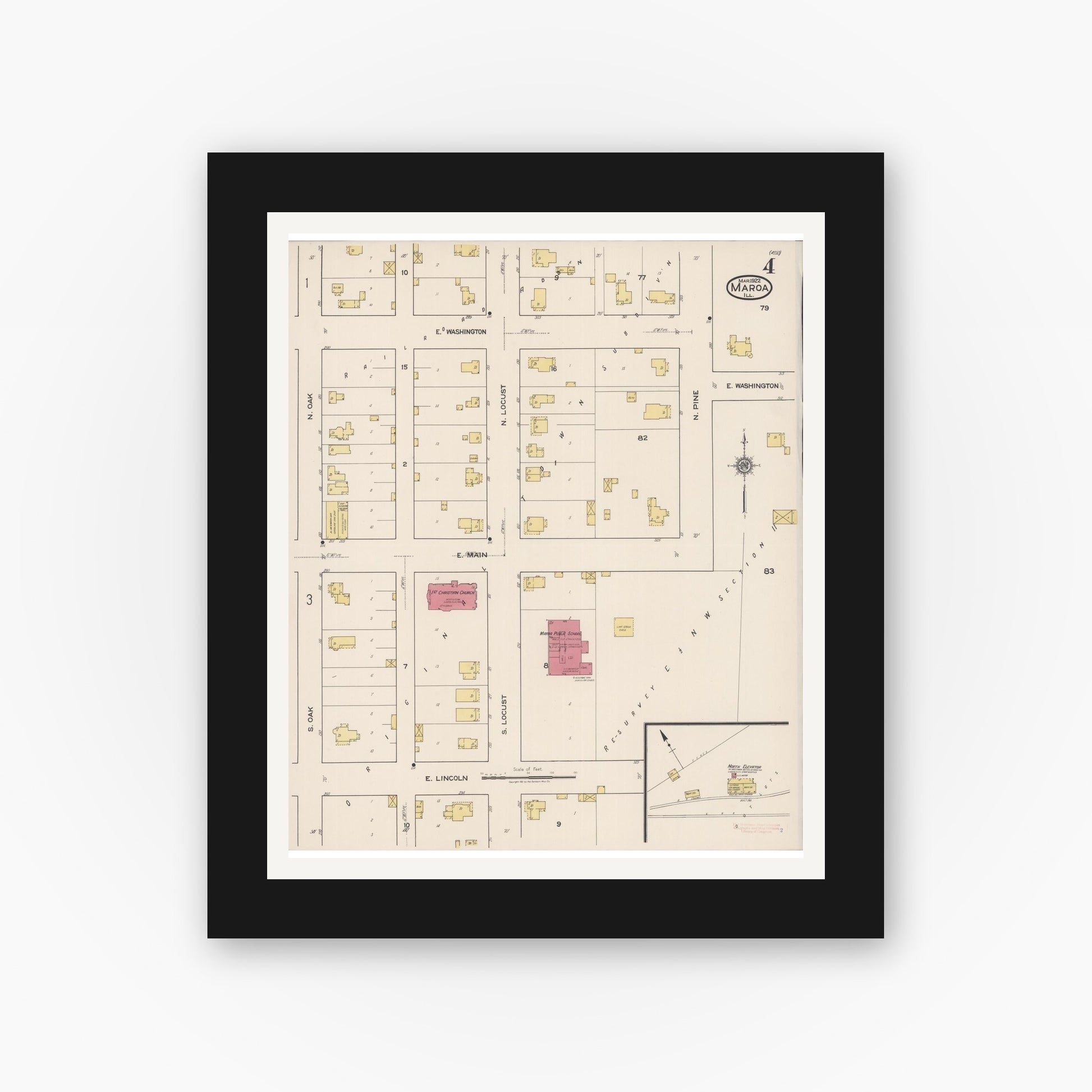 Old map wall art mockup — black gallery frame with white mat — Sanborn Fire Insurance Map from Maroa, Macon County, Illinois (1922), Sheet #0004