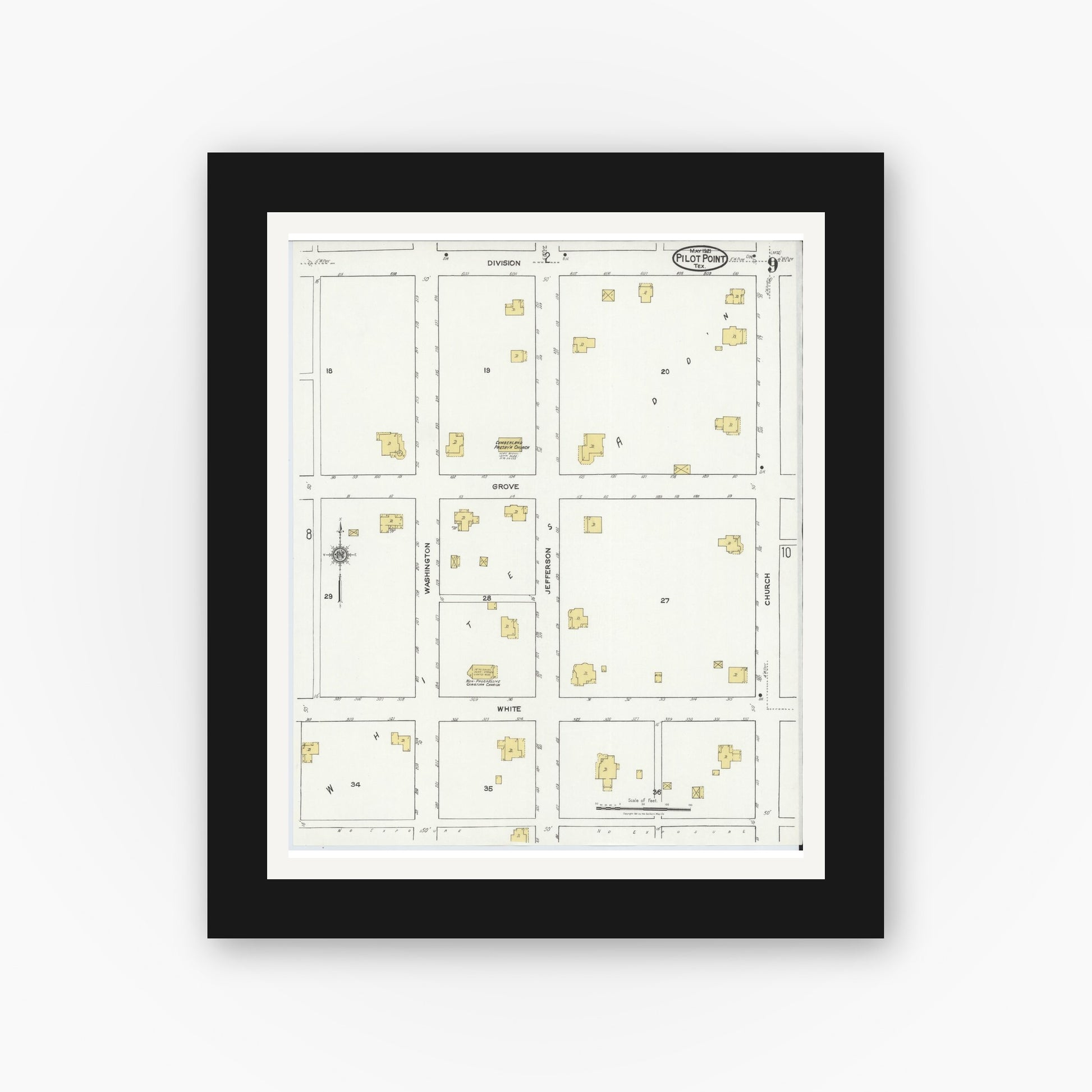 Old map wall art mockup — black gallery frame with white mat — Sanborn Fire Insurance Map from Pilot Point, Denton County, Texas (1921), Sheet #0009