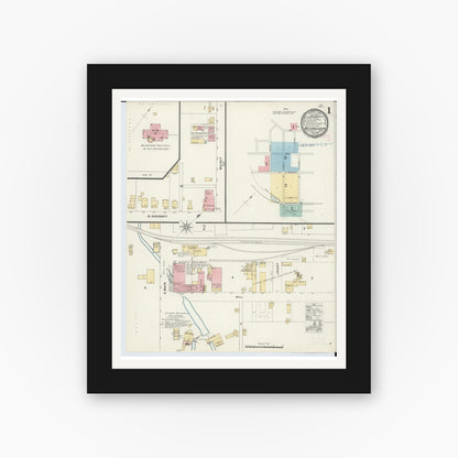 Old map wall art mockup — black gallery frame with white mat — Sanborn Fire Insurance Map from Mechanicsburg, Champaign County, Ohio (1897), Sheet #0001