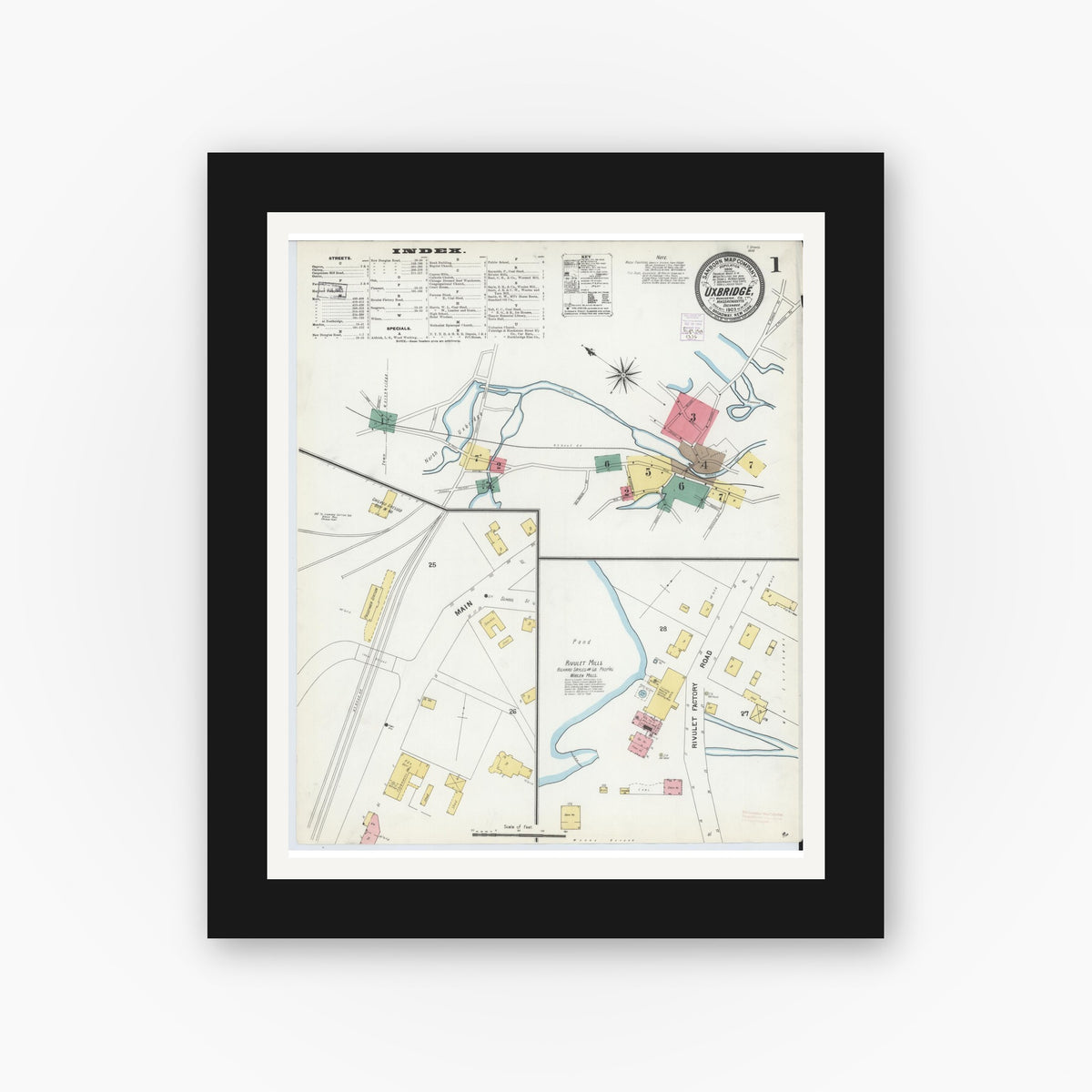 Old map wall art mockup — black gallery frame with white mat — Sanborn Fire Insurance Map from Uxbridge, Worcester County, Massachusetts (1903), Sheet #0001