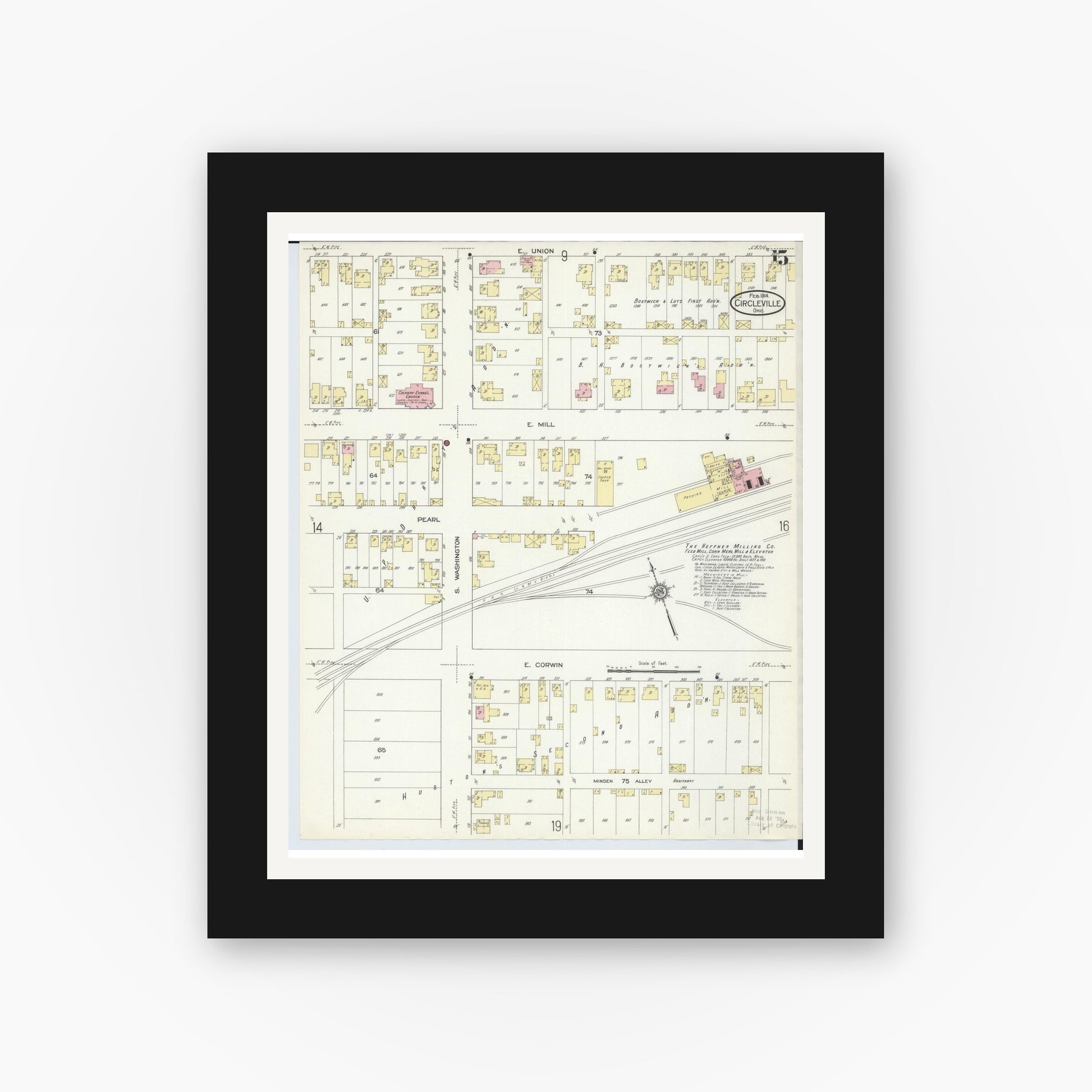 Old map wall art mockup — black gallery frame with white mat — Sanborn Fire Insurance Map from Circleville, Pickaway County, Ohio (1914), Sheet #0015