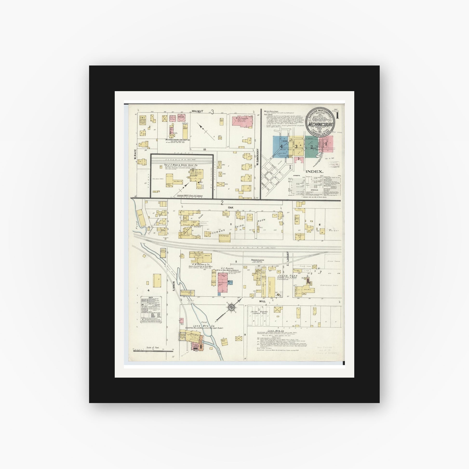 Old map wall art mockup — black gallery frame with white mat — Sanborn Fire Insurance Map from Mechanicsburg, Champaign County, Ohio (1911) - Complete Map Set