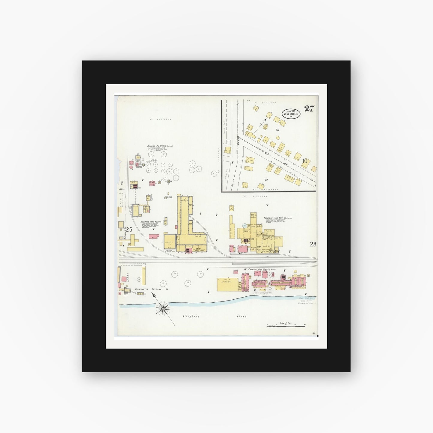 Old map wall art mockup — black gallery frame with white mat — Sanborn Fire Insurance Map from Warren, Warren County, Pennsylvania (1904), Sheet #0027