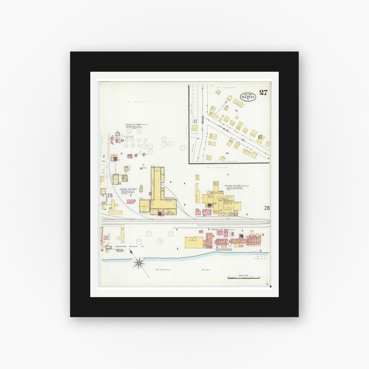 Old map wall art mockup — black gallery frame with white mat — Sanborn Fire Insurance Map from Warren, Warren County, Pennsylvania (1904), Sheet #0027