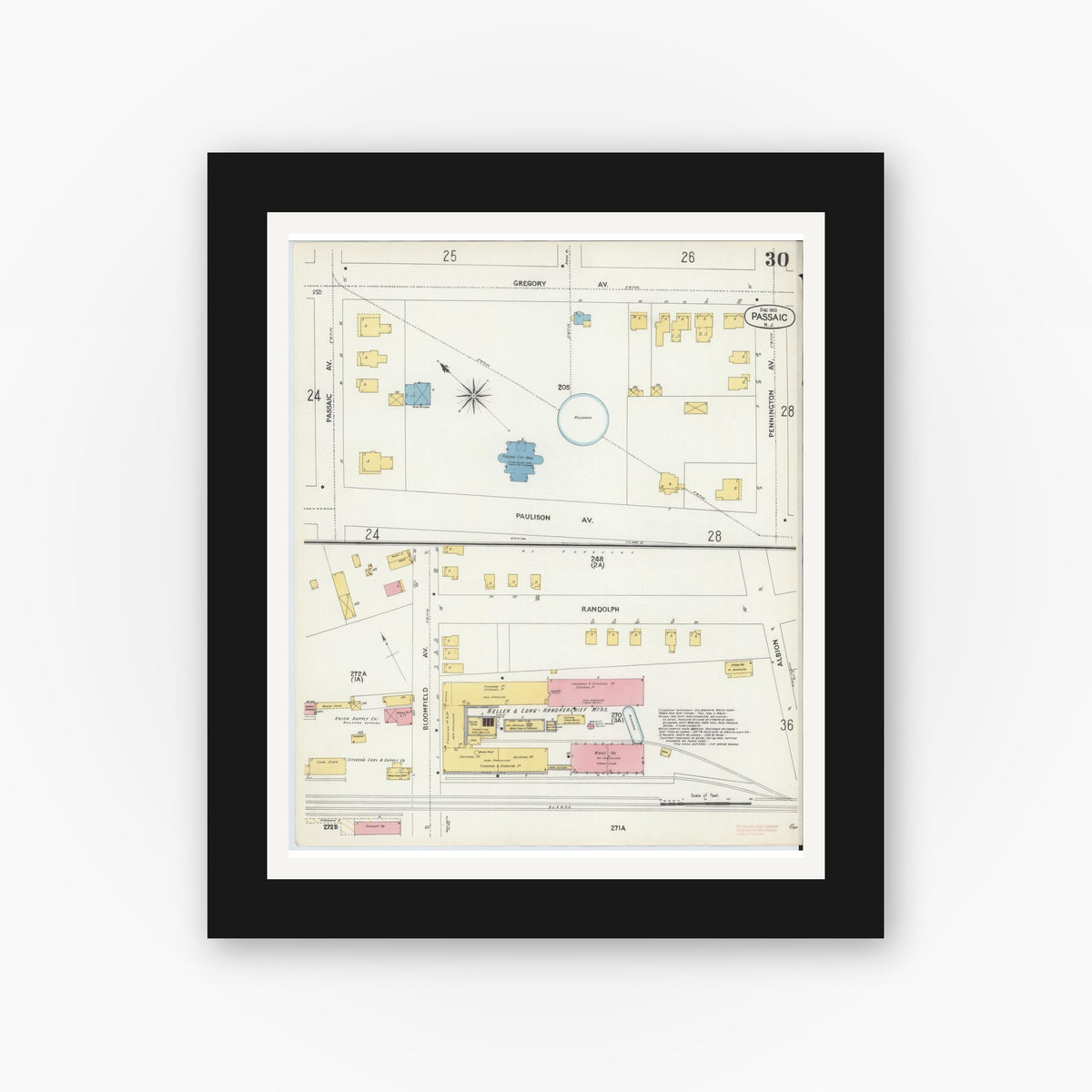 Old map wall art mockup — black gallery frame with white mat — Sanborn Fire Insurance Map from Passaic, Passaic County, New Jersey (1903), Sheet #0030