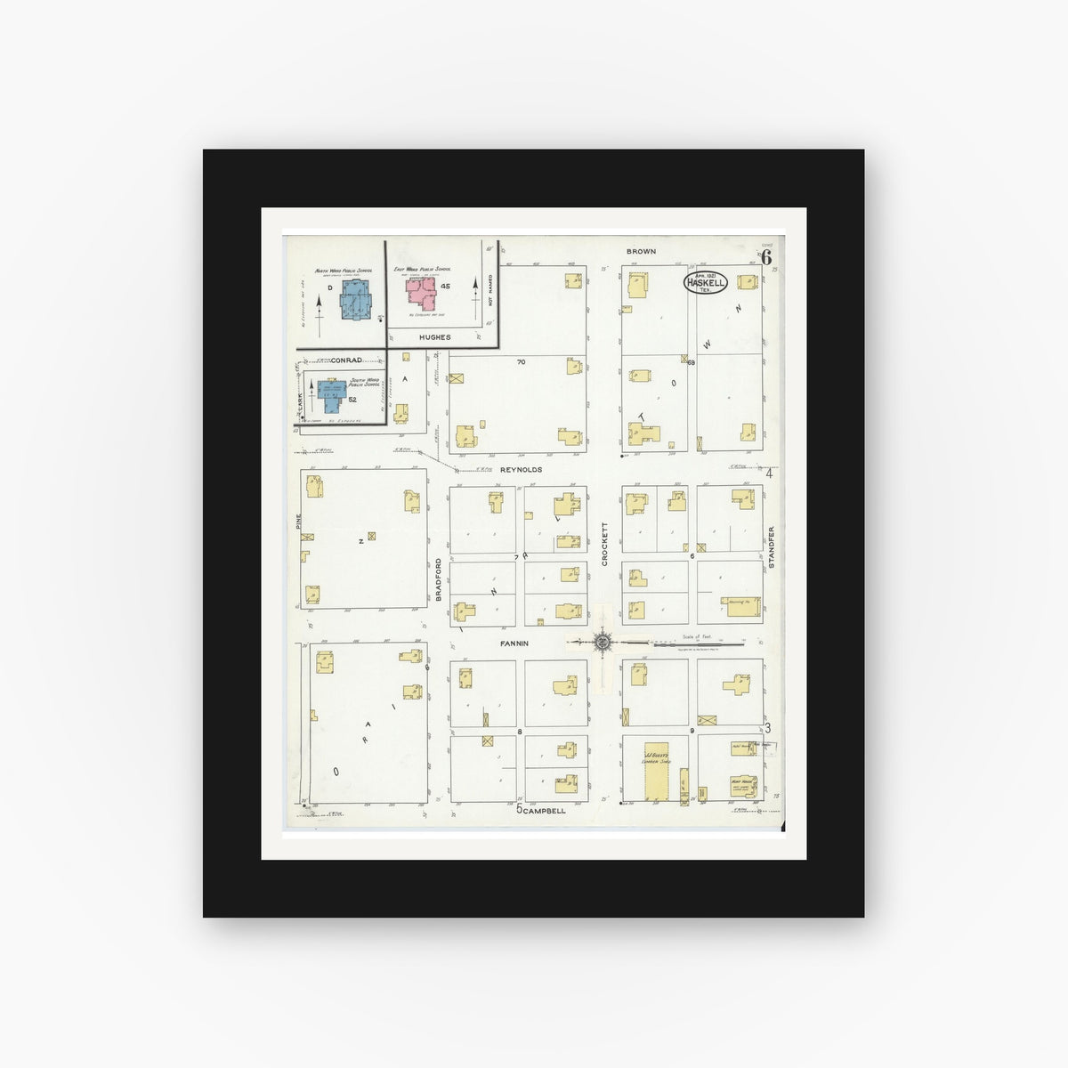Old map wall art mockup — black gallery frame with white mat — Sanborn Fire Insurance Map from Haskell, Haskell County, Texas (1921), Sheet #0006
