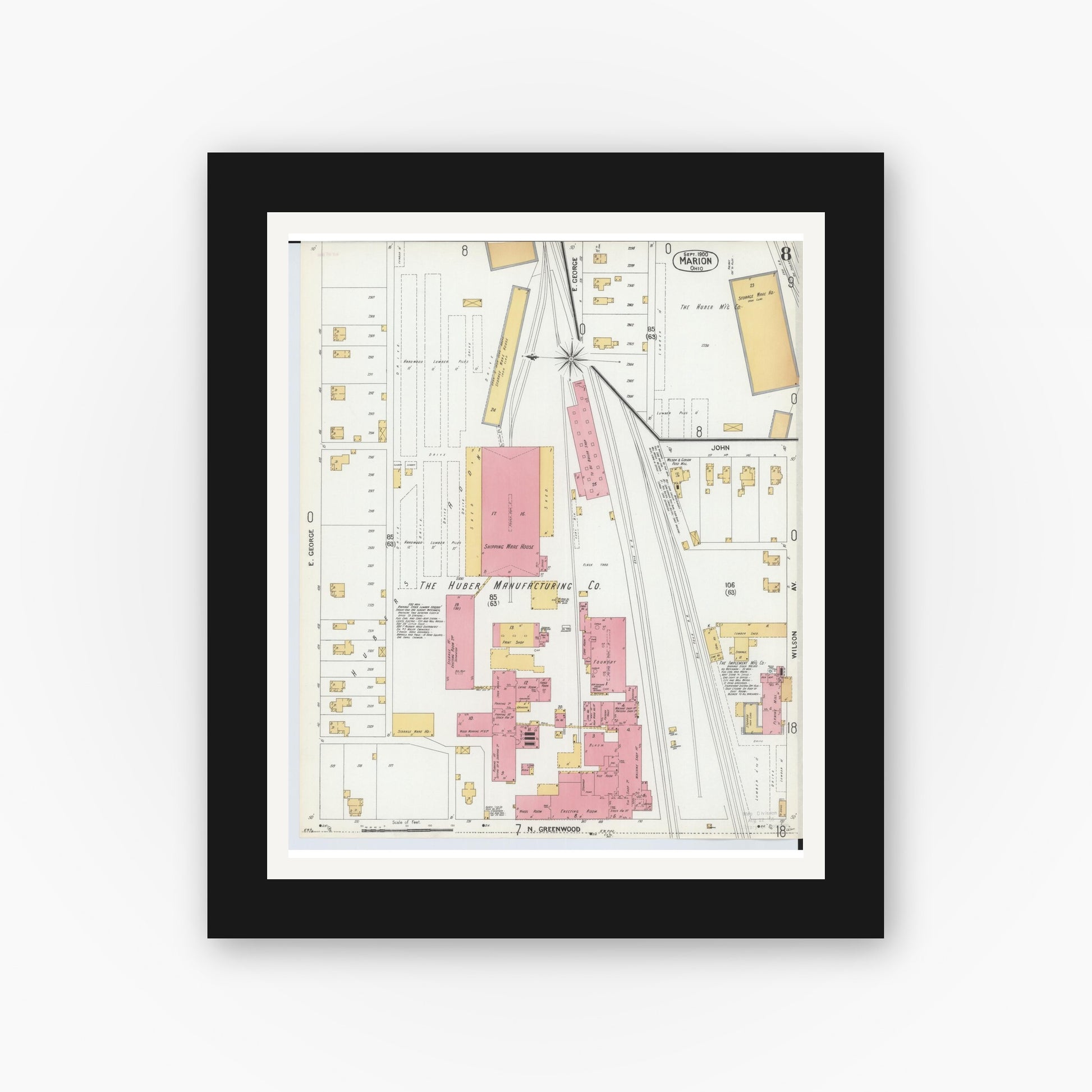 Old map wall art mockup — black gallery frame with white mat — Sanborn Fire Insurance Map from Marion, Marion County, Ohio (1900), Sheet #0008