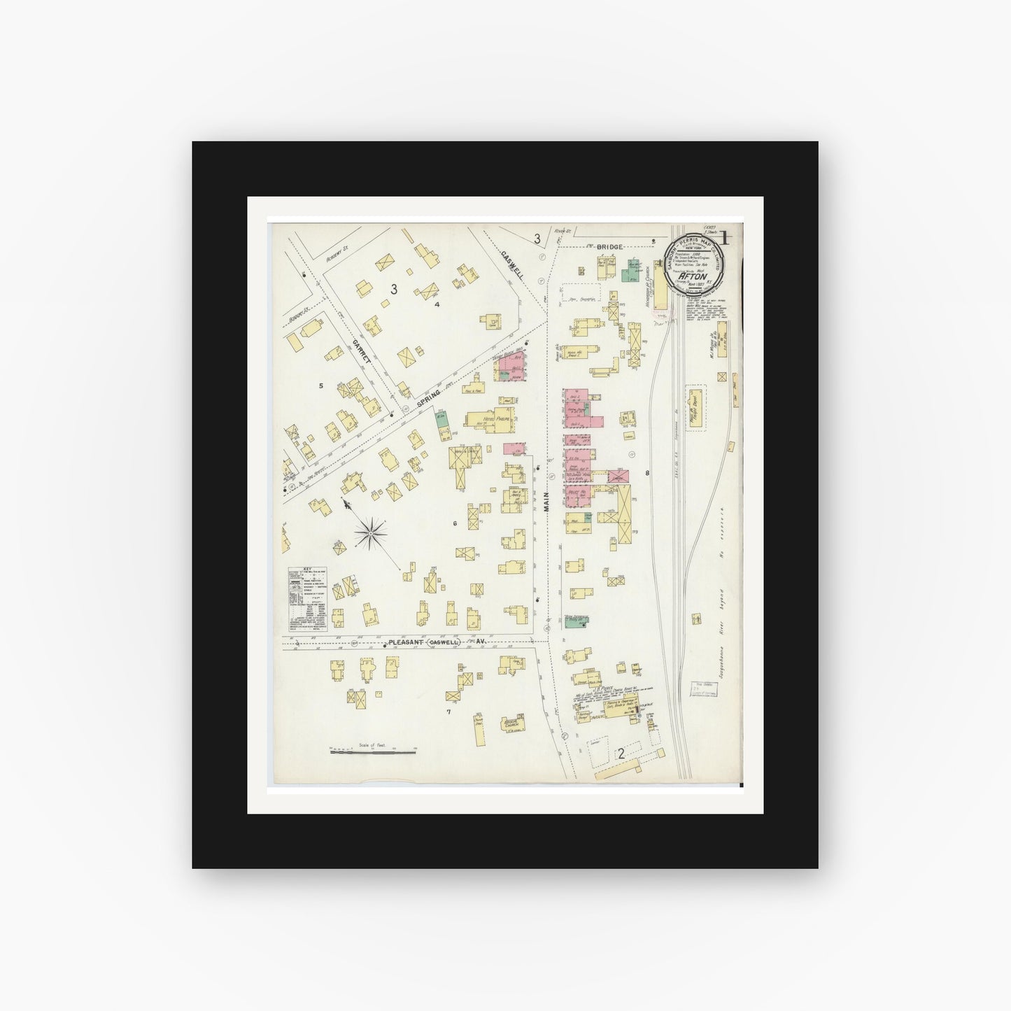 Old map wall art mockup — black gallery frame with white mat — Sanborn Fire Insurance Map from Afton, Chenango County, New York (1897) - Complete Map Set