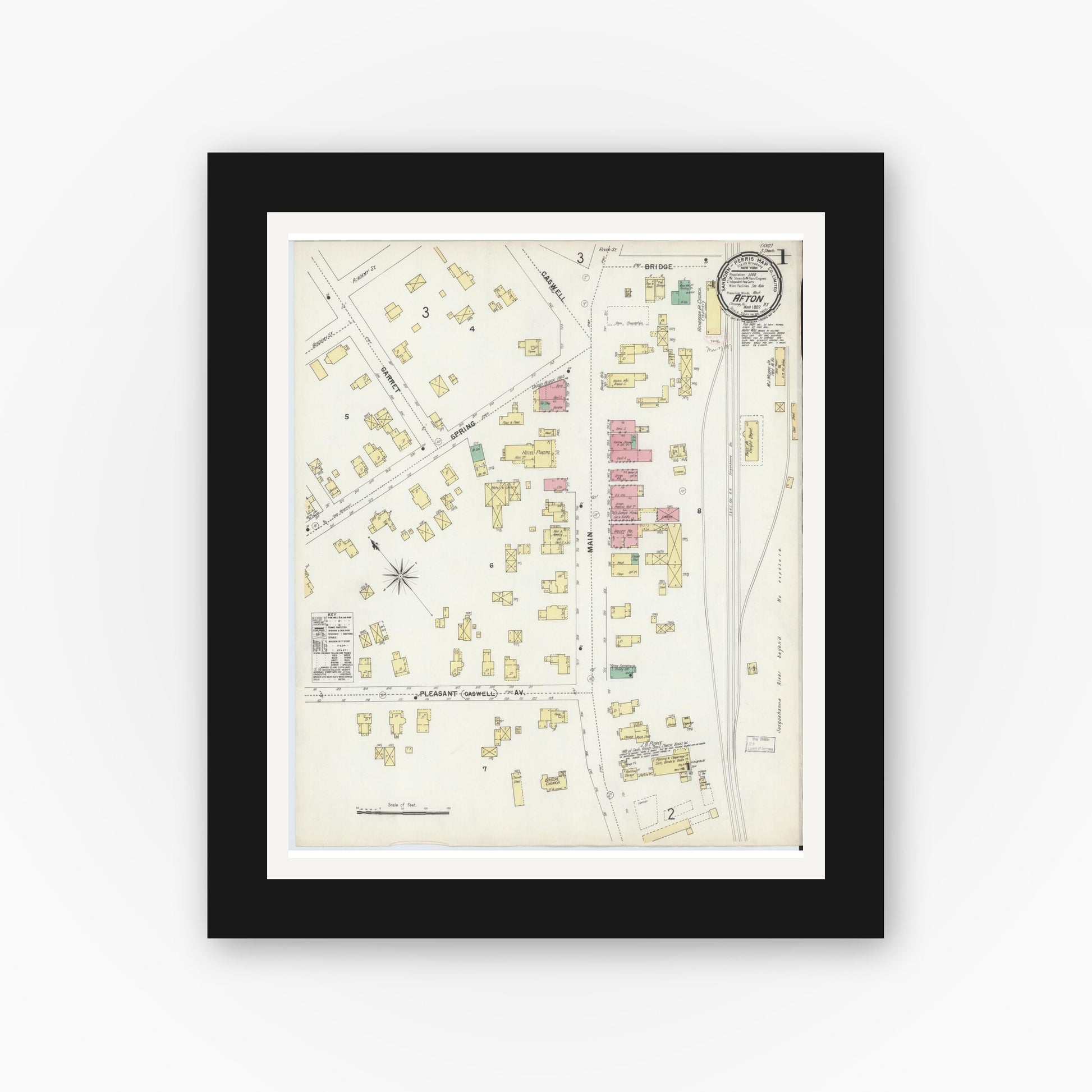 Old map wall art mockup — black gallery frame with white mat — Sanborn Fire Insurance Map from Afton, Chenango County, New York (1897) - Complete Map Set