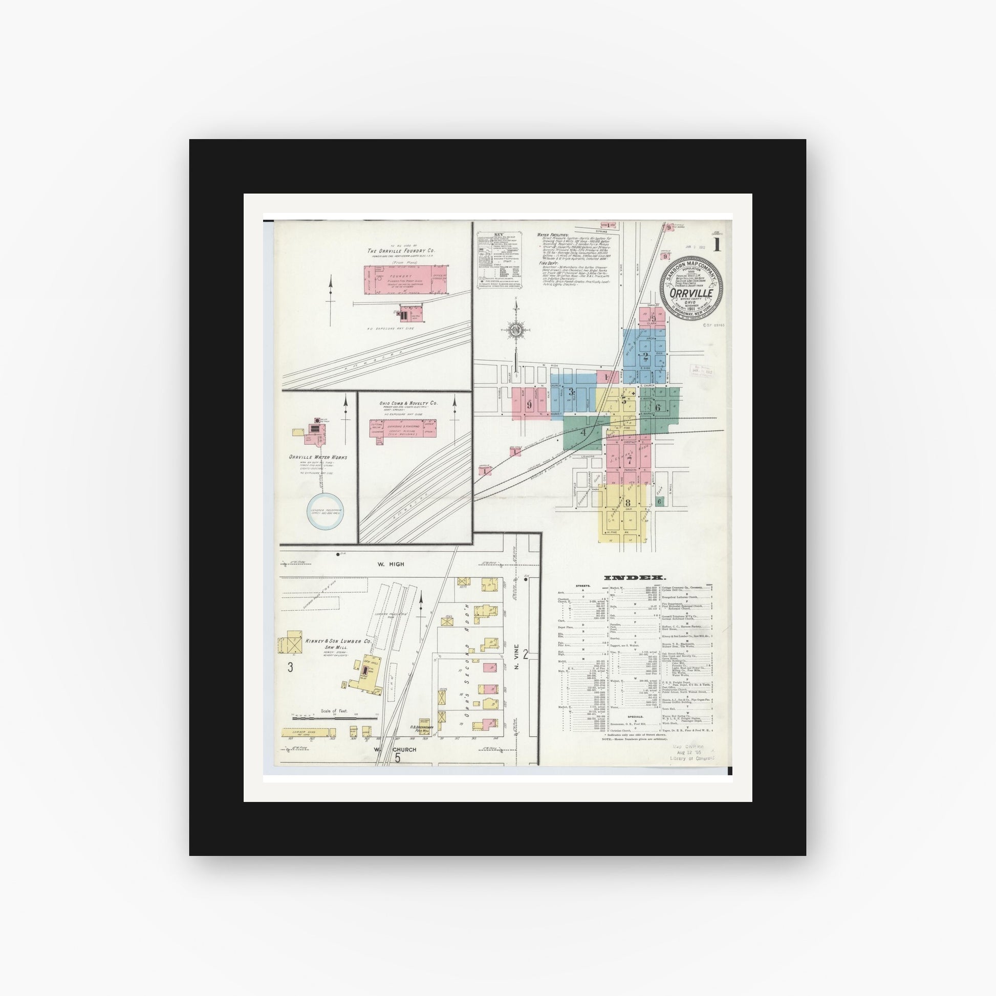 Old map wall art mockup — black gallery frame with white mat — Sanborn Fire Insurance Map from Orrville, Wayne County, Ohio (1911), Sheet #0001