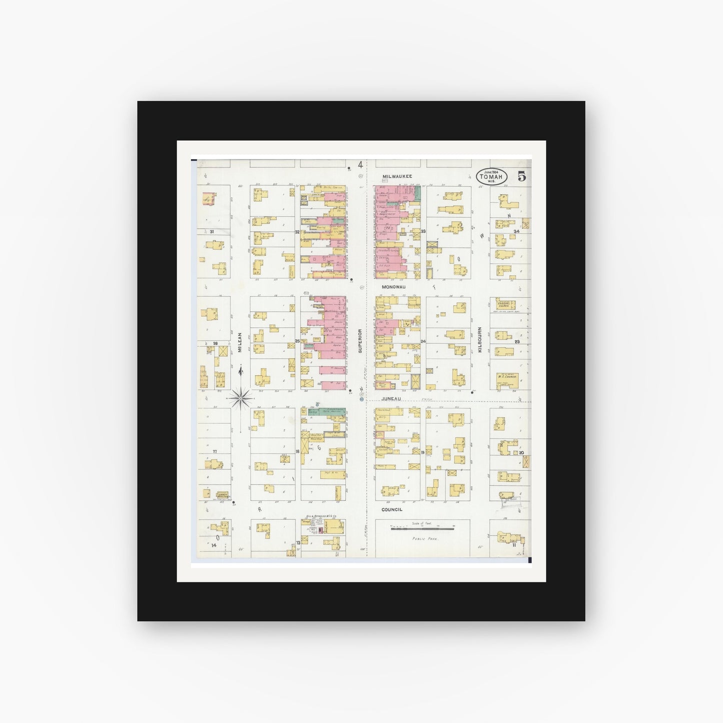 Old map wall art mockup — black gallery frame with white mat — Sanborn Fire Insurance Map from Tomah, Monroe County, Wisconsin (1904), Sheet #0005