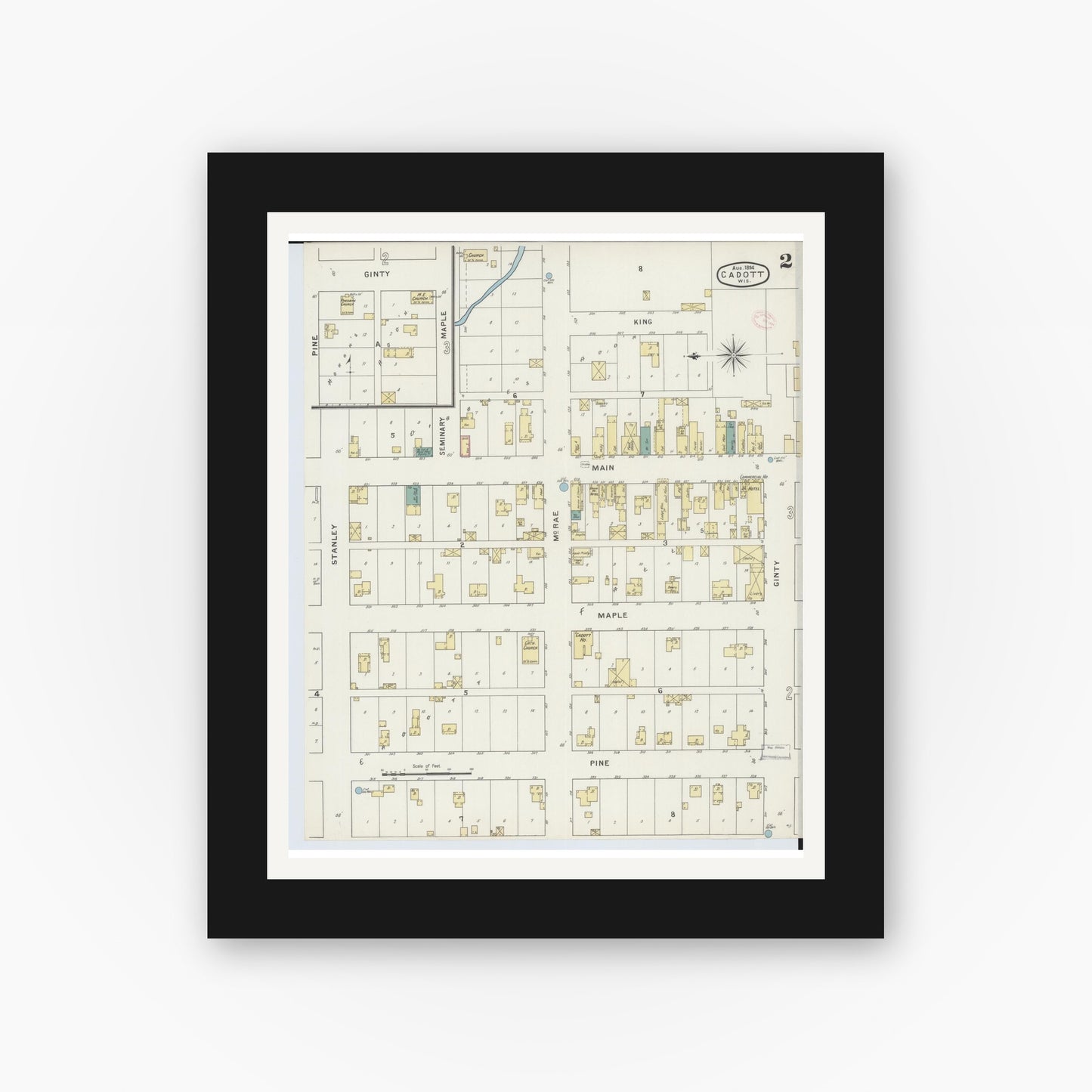 Old map wall art mockup — black gallery frame with white mat — Sanborn Fire Insurance Map from Cadott, Chippewa County, Wisconsin (1894), Sheet #0002