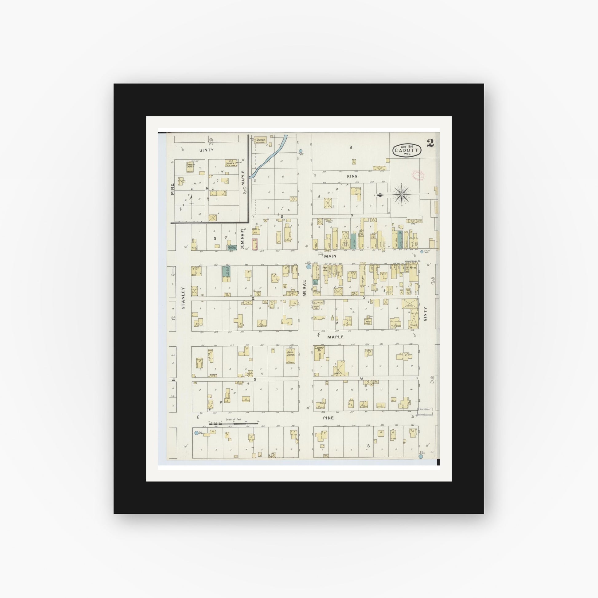 Old map wall art mockup — black gallery frame with white mat — Sanborn Fire Insurance Map from Cadott, Chippewa County, Wisconsin (1894), Sheet #0002