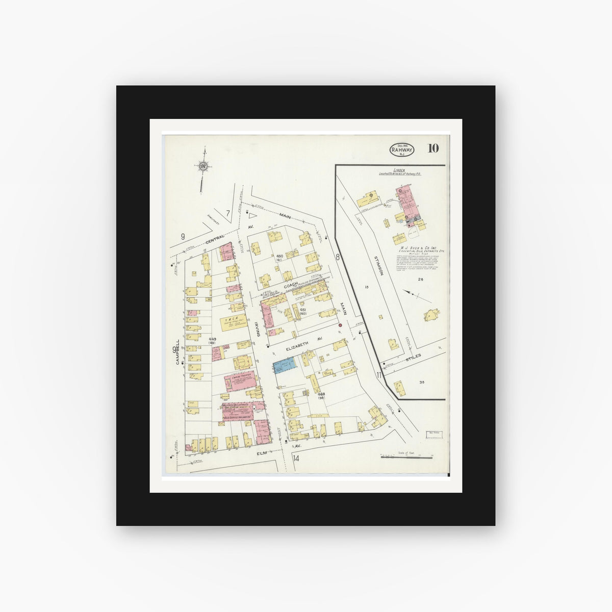 Old map wall art mockup — black gallery frame with white mat — Sanborn Fire Insurance Map from Rahway, Union County, New Jersey (1915), Sheet #0010