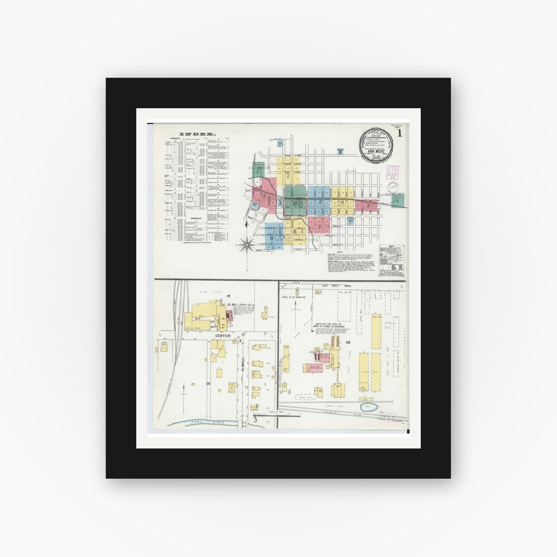 Old map wall art mockup — black gallery frame with white mat — Sanborn Fire Insurance Map from Van Wert, Van Wert County, Ohio (1901) - Complete Map Set