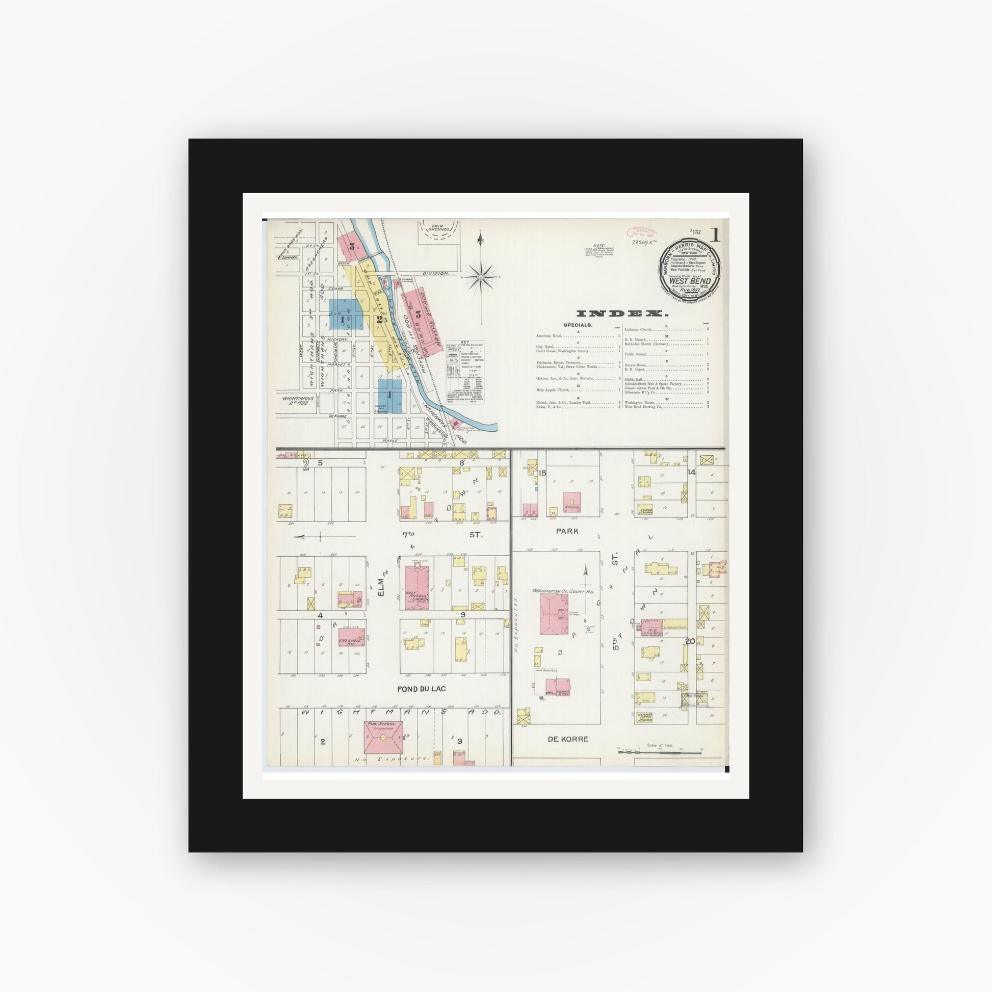 Old map wall art mockup — black gallery frame with white mat — Sanborn Fire Insurance Map from West Bend, Washington County, Wisconsin (1892) - Complete Map Set