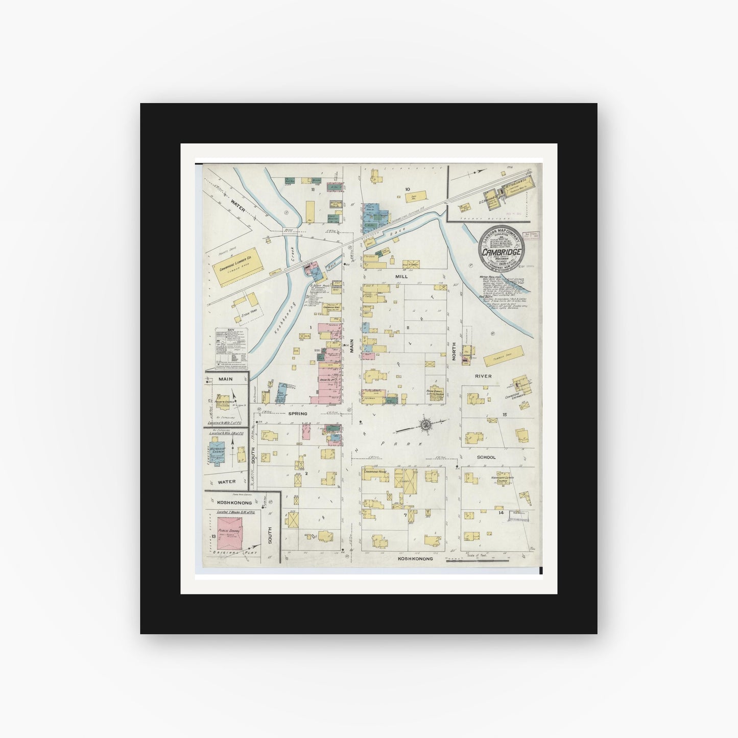 Old map wall art mockup — black gallery frame with white mat — Sanborn Fire Insurance Map from Cambridge, Dane County, Wisconsin (1909), Sheet #0001
