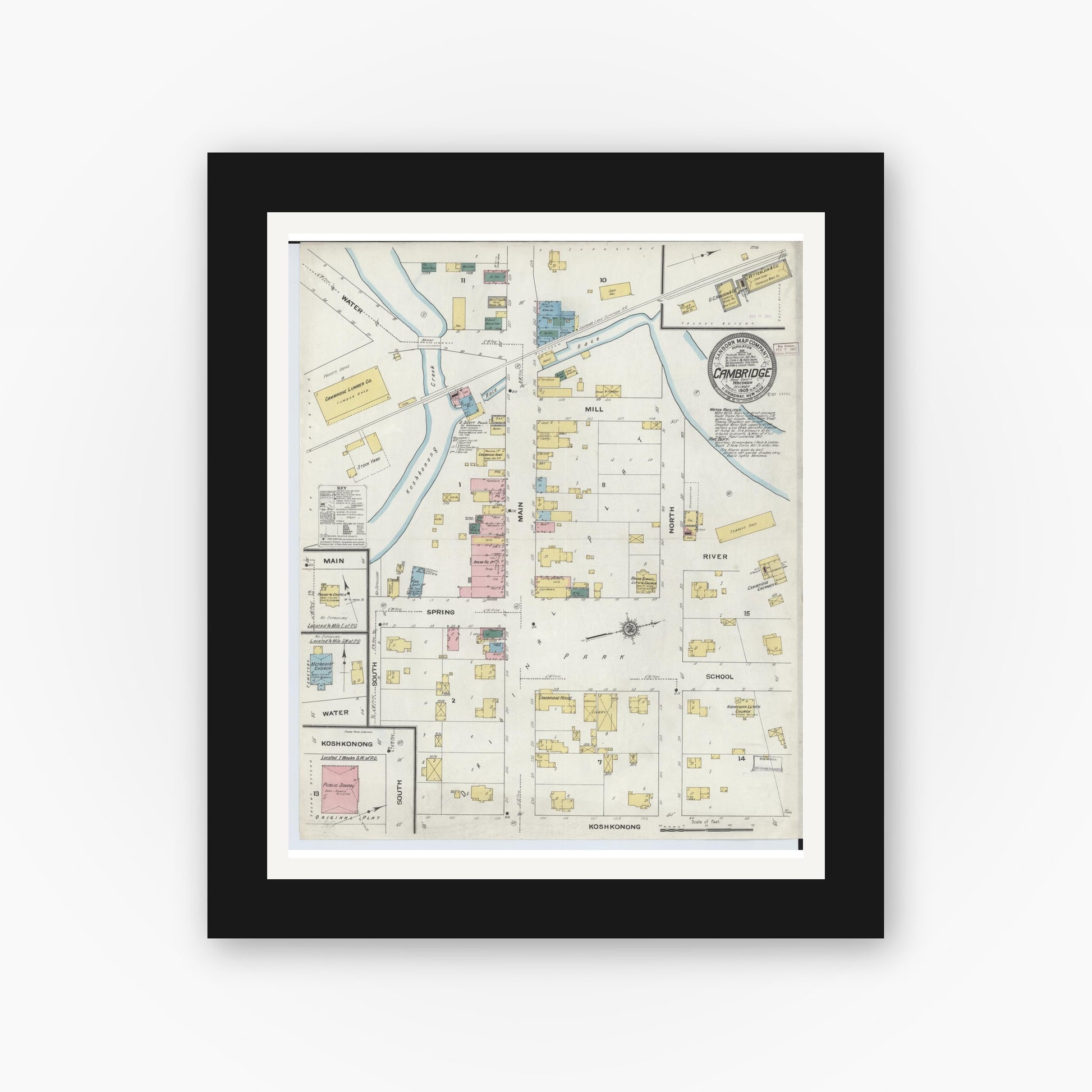 Old map wall art mockup — black gallery frame with white mat — Sanborn Fire Insurance Map from Cambridge, Dane County, Wisconsin (1909), Sheet #0001