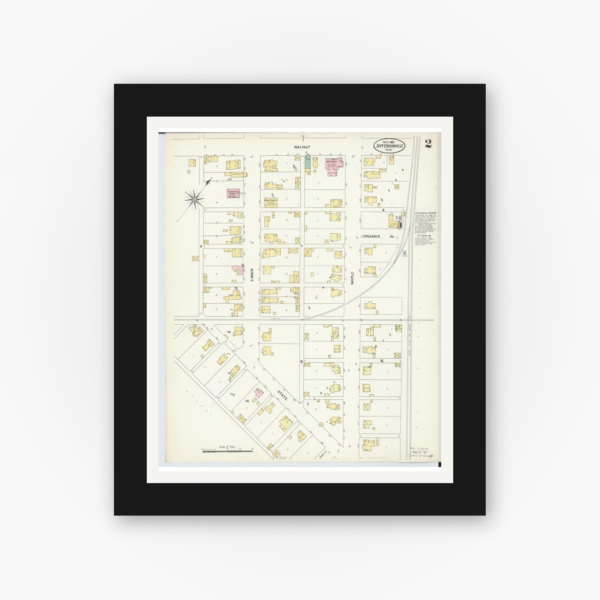 Old map wall art mockup — black gallery frame with white mat — Sanborn Fire Insurance Map from Jeffersonville, Fayette County, Ohio (1907), Sheet #0002