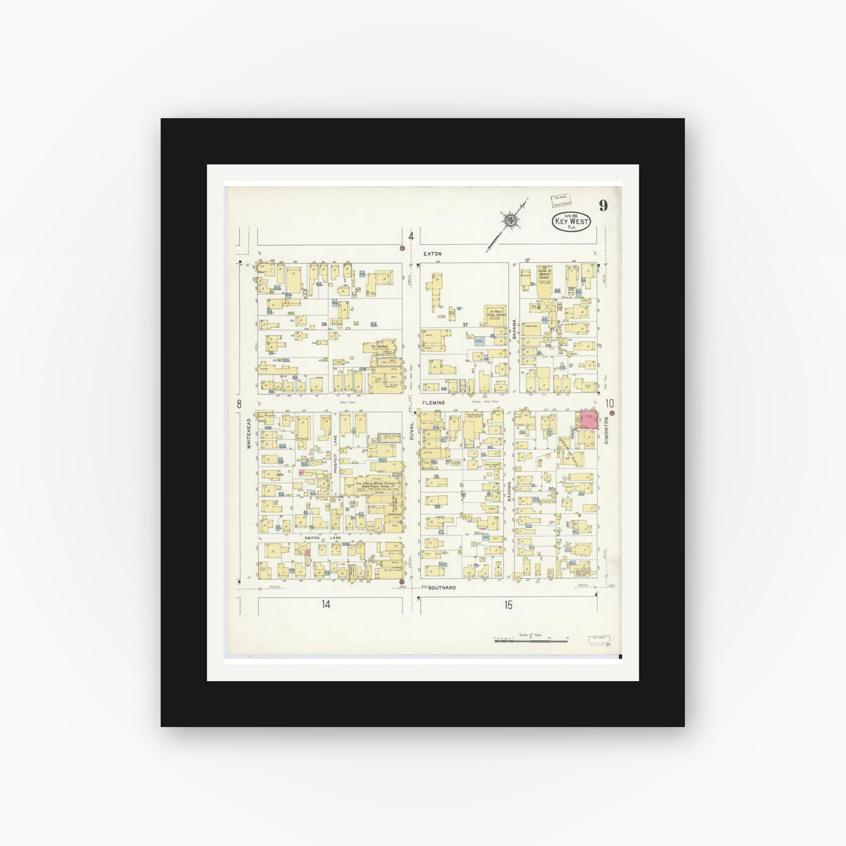 Old map wall art mockup — black gallery frame with white mat — Sanborn Fire Insurance Map from Key West, Monroe County, Florida (1912), Sheet #0009