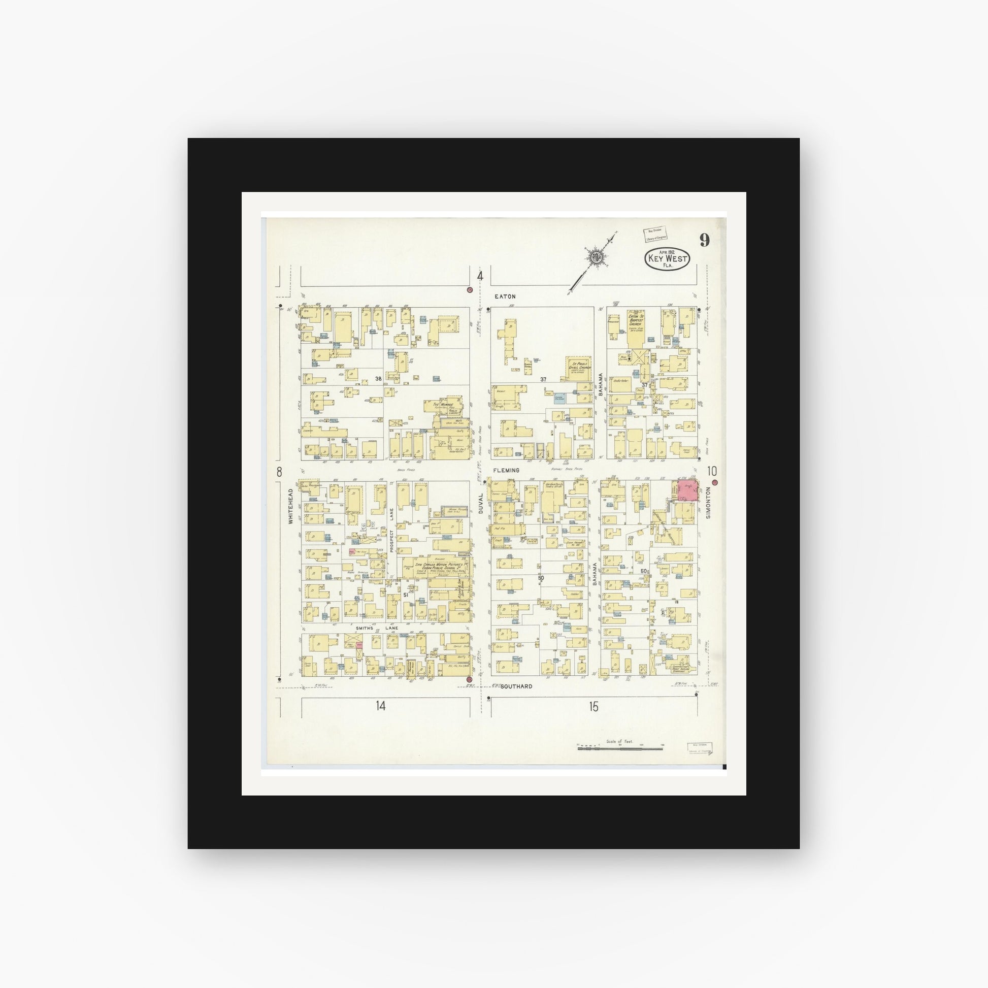Old map wall art mockup — black gallery frame with white mat — Sanborn Fire Insurance Map from Key West, Monroe County, Florida (1912), Sheet #0009
