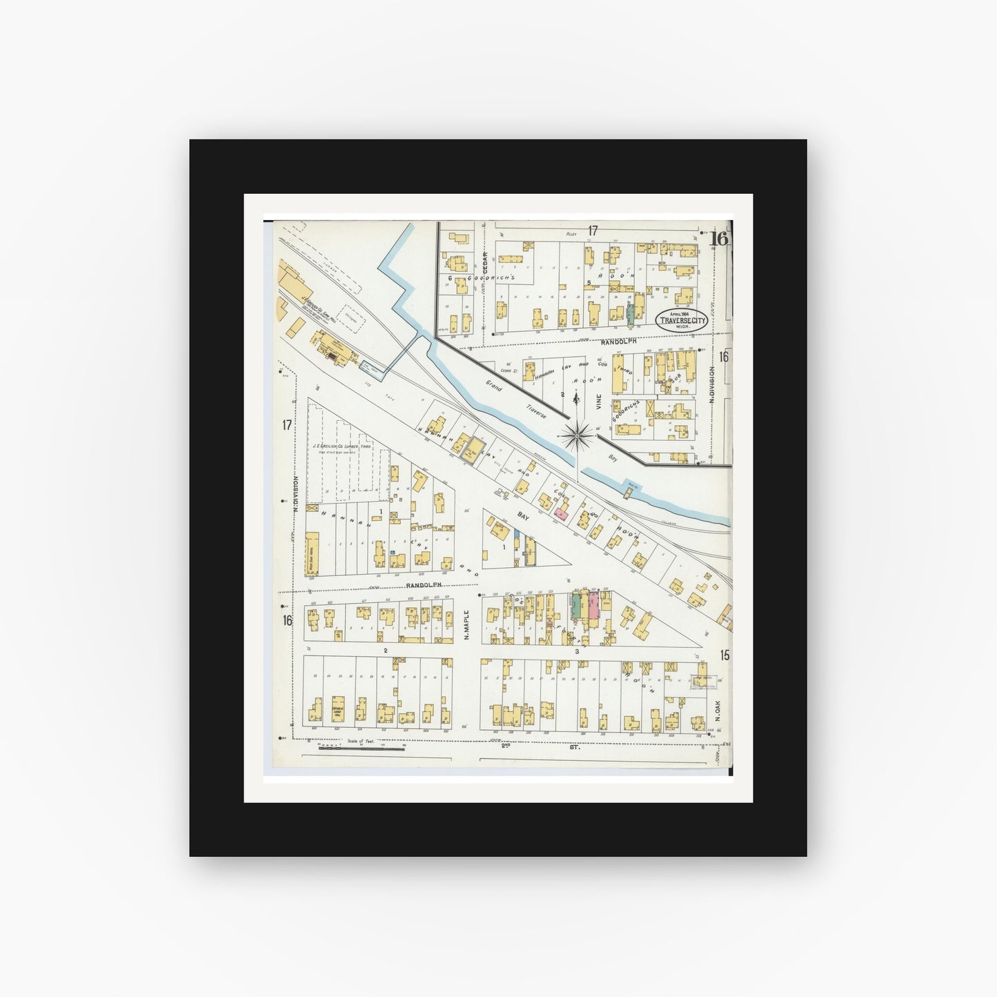 Old map wall art mockup — black gallery frame with white mat — Sanborn Fire Insurance Map from Traverse City, Grand Traverse County, Michigan (1904), Sheet #0016