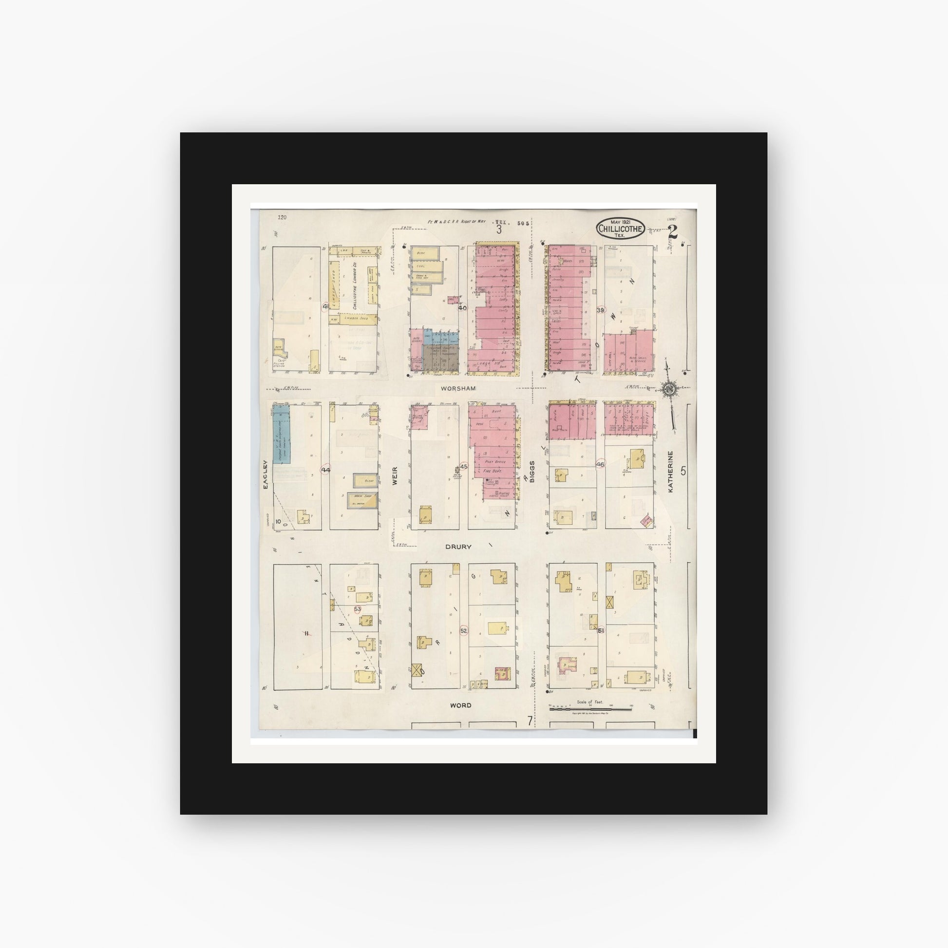 Old map wall art mockup — black gallery frame with white mat — Sanborn Fire Insurance Map from Chillicothe, Hardeman County, Texas (1941), Sheet #0002