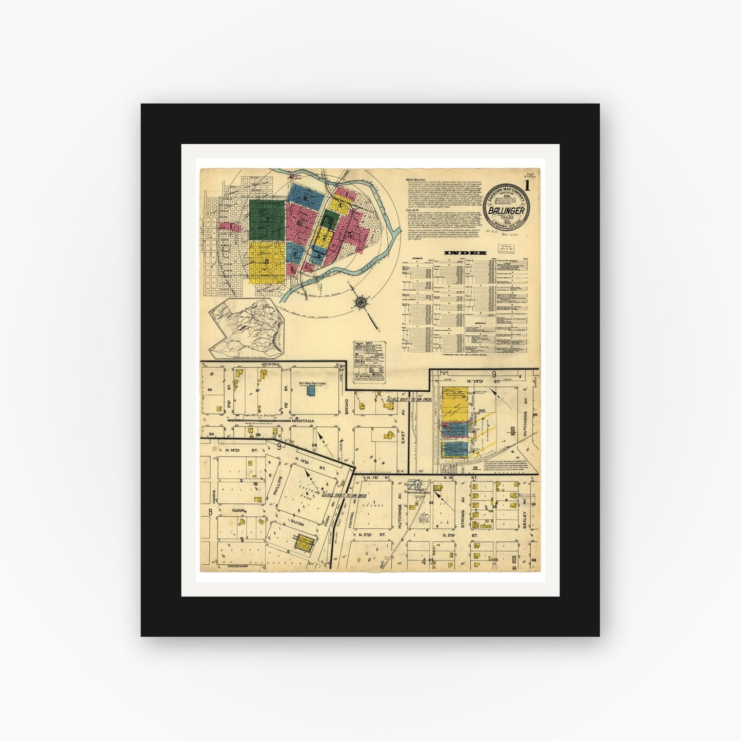 Old map wall art mockup — black gallery frame with white mat — Sanborn Fire Insurance Map from Ballinger, Runnels County, Texas (1922), Sheet #0001
