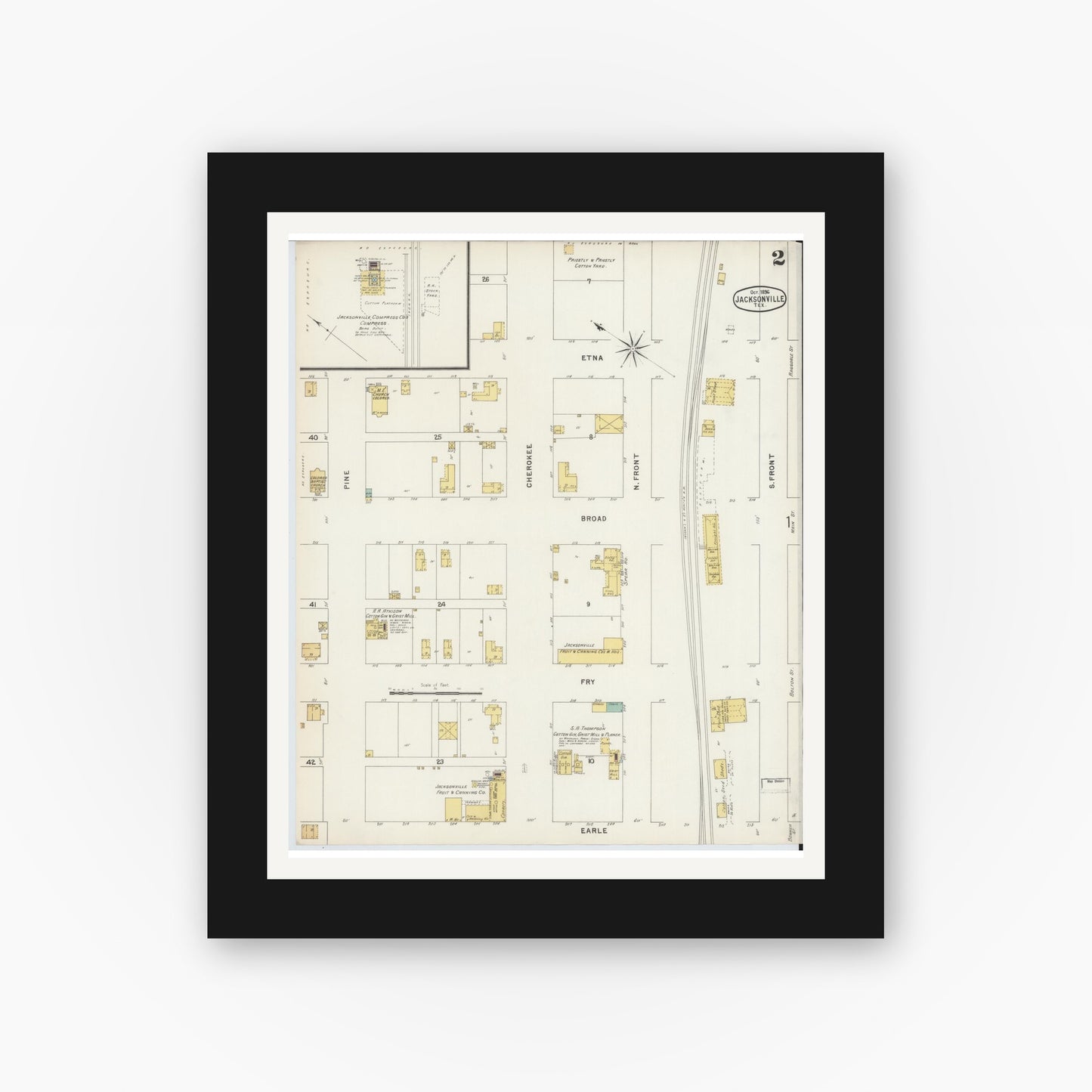 Old map wall art mockup — black gallery frame with white mat — Sanborn Fire Insurance Map from Jacksonville, Cherokee County, Texas (1896), Sheet #0002
