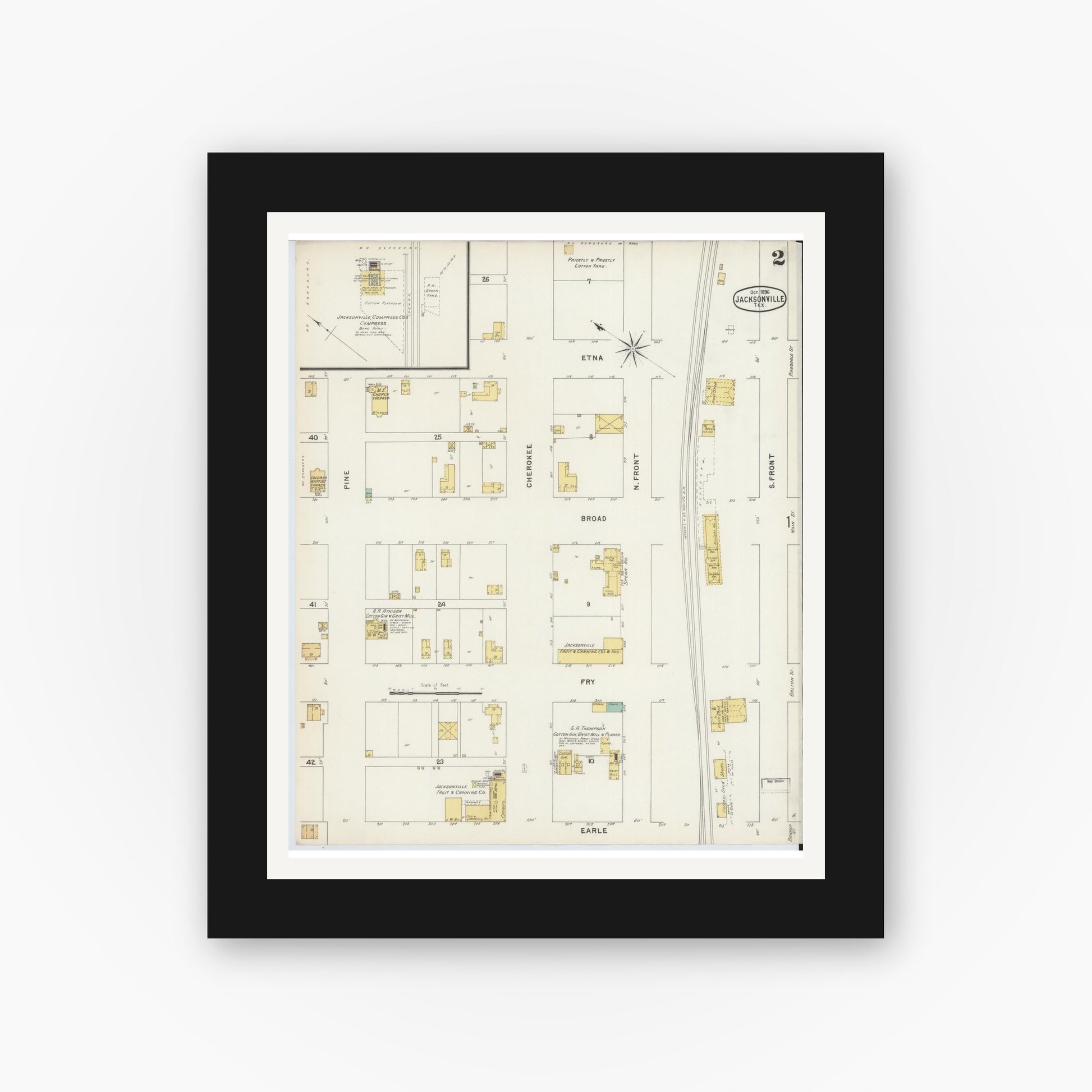Old map wall art mockup — black gallery frame with white mat — Sanborn Fire Insurance Map from Jacksonville, Cherokee County, Texas (1896), Sheet #0002