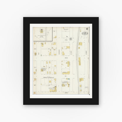 Old map wall art mockup — black gallery frame with white mat — Sanborn Fire Insurance Map from Jacksonville, Cherokee County, Texas (1896), Sheet #0002