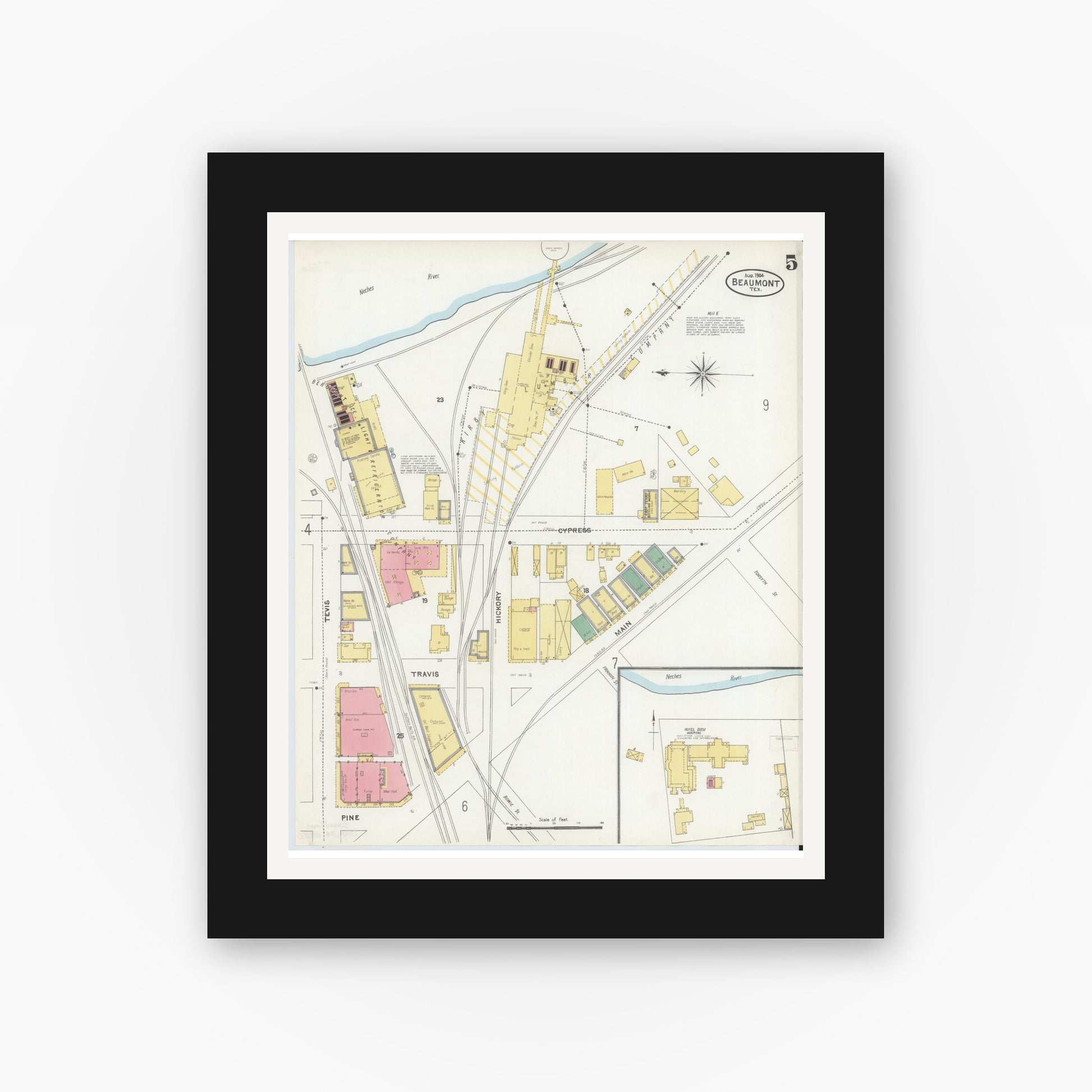 Old map wall art mockup — black gallery frame with white mat — Sanborn Fire Insurance Map from Beaumont, Jefferson County, Texas (1904), Sheet #0005