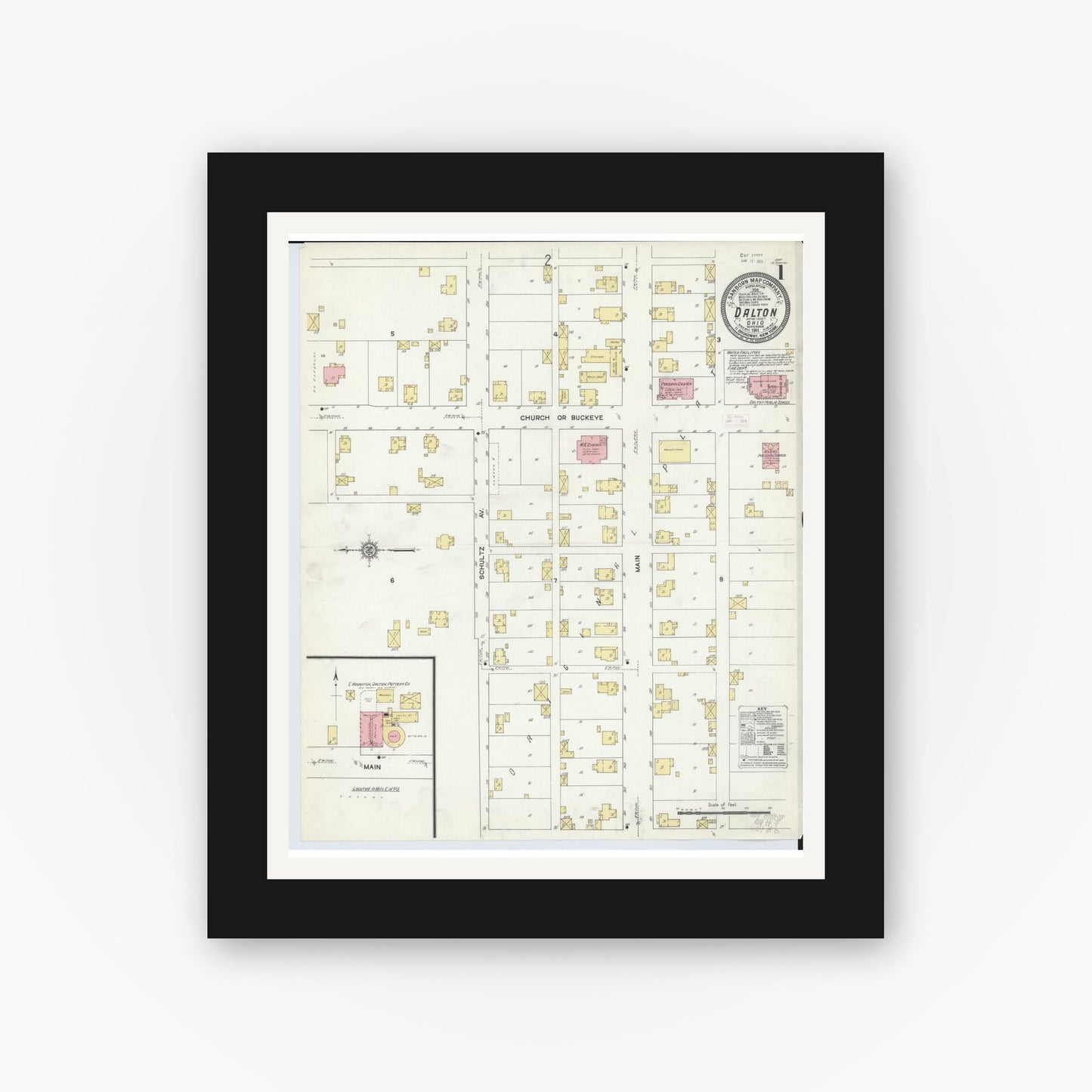 Old map wall art mockup — black gallery frame with white mat — Sanborn Fire Insurance Map from Dalton, Wayne County, Ohio (1911), Sheet #0001