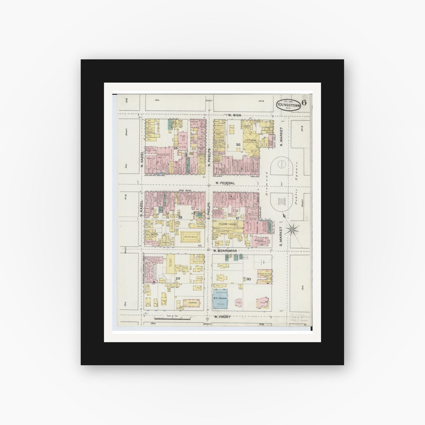 Old map wall art mockup — black gallery frame with white mat — Sanborn Fire Insurance Map from Youngstown, Mahoning County, Ohio (1889), Sheet #0006