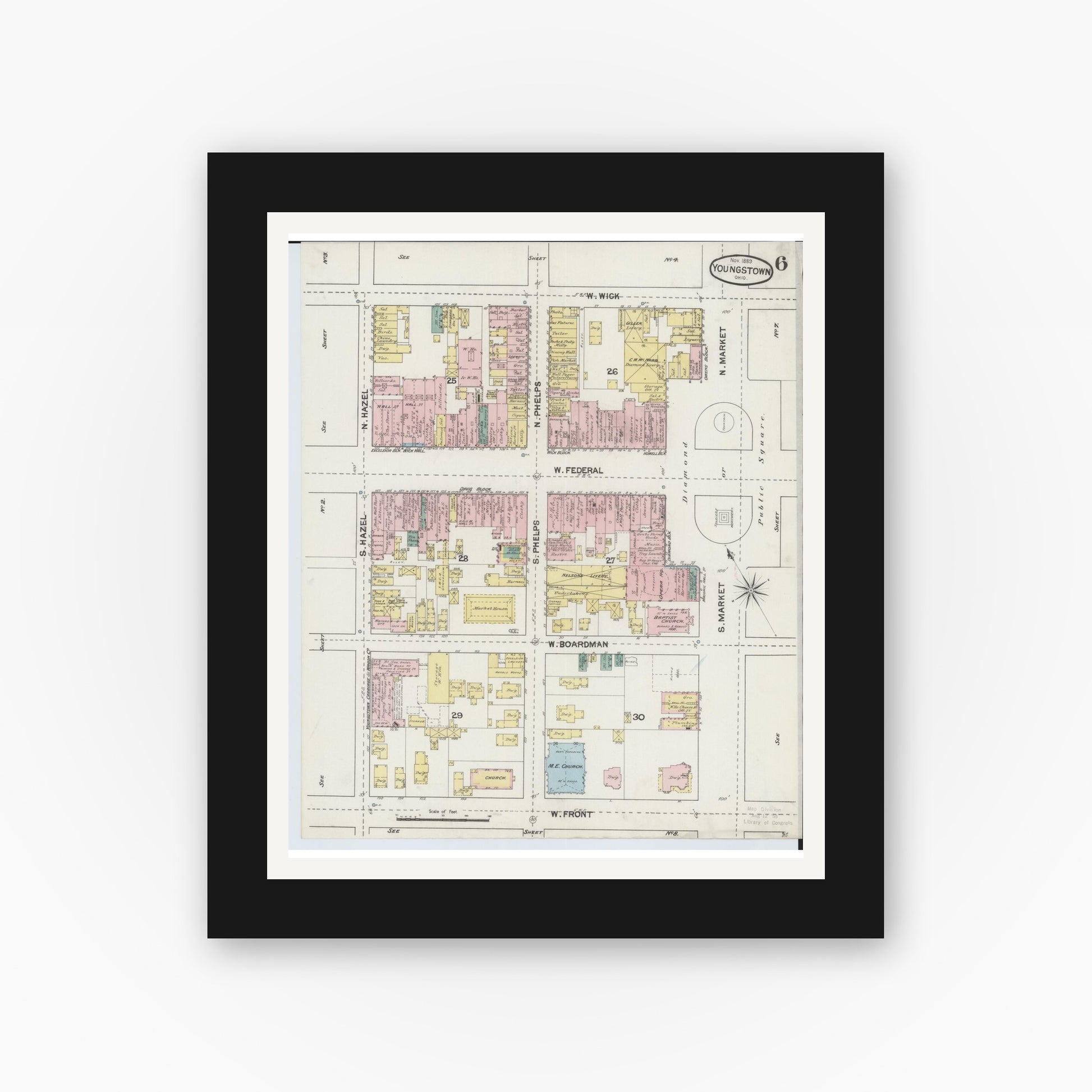 Old map wall art mockup — black gallery frame with white mat — Sanborn Fire Insurance Map from Youngstown, Mahoning County, Ohio (1889), Sheet #0006