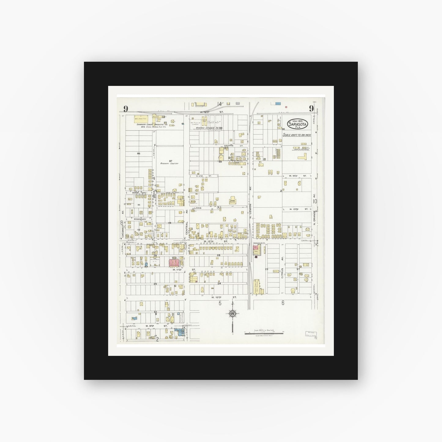 Old map wall art mockup — black gallery frame with white mat — Sanborn Fire Insurance Map from Sarasota, Sarasota County, Florida (1925), Sheet #0009