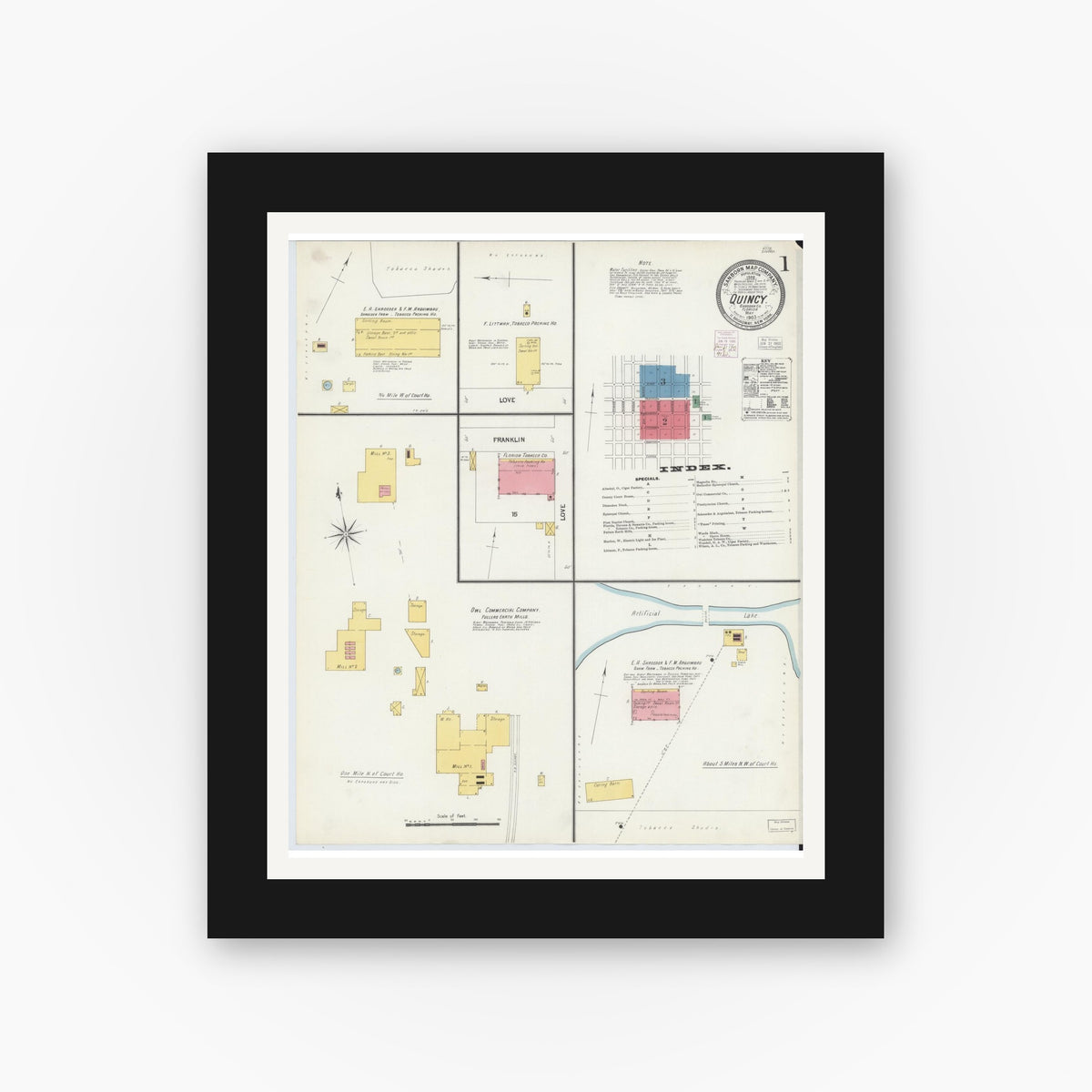 Old map wall art mockup — black gallery frame with white mat — Sanborn Fire Insurance Map from Quincy, Gadsden County, Florida (1903), Sheet #0001