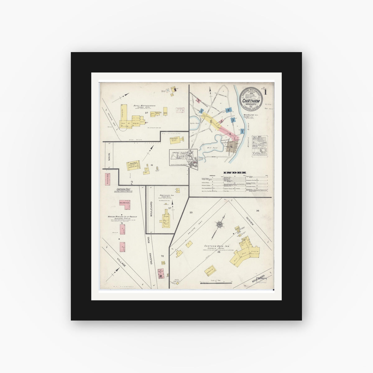 Old map wall art mockup — black gallery frame with white mat — Sanborn Fire Insurance Map from Chatham, Barnstable County, Massachusetts (1915), Sheet #0001