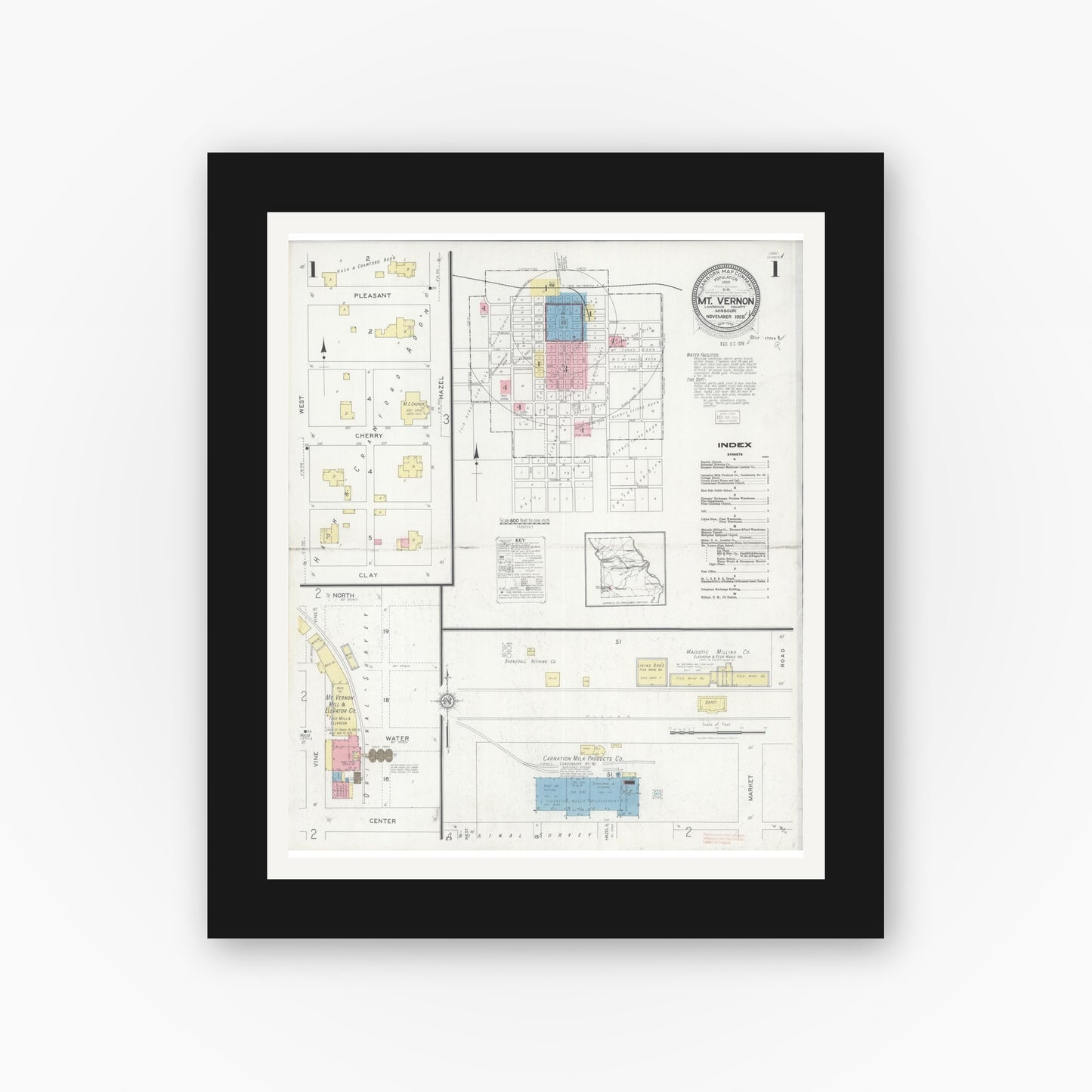 Old map wall art mockup — black gallery frame with white mat — Sanborn Fire Insurance Map from Mount Vernon, Lawrence County, Missouri (1928), Sheet #0001