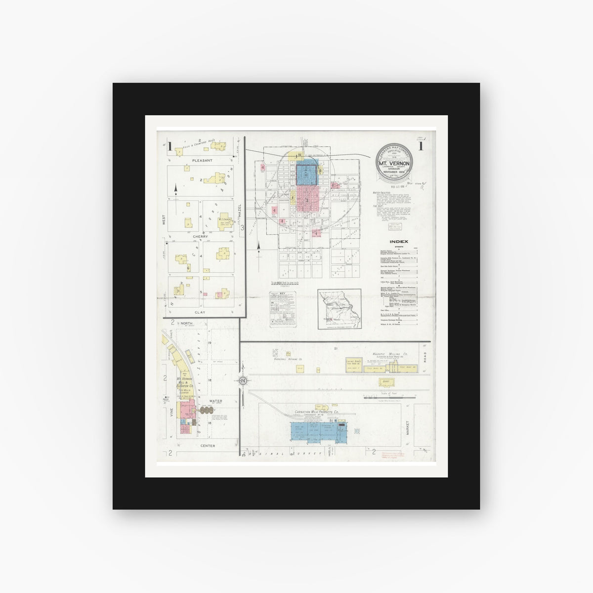 Old map wall art mockup — black gallery frame with white mat — Sanborn Fire Insurance Map from Mount Vernon, Lawrence County, Missouri (1928), Sheet #0001