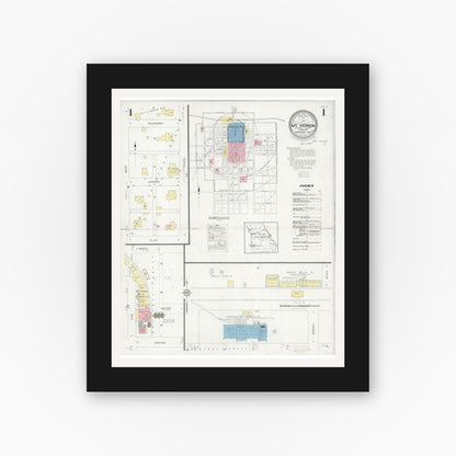 Old map wall art mockup — black gallery frame with white mat — Sanborn Fire Insurance Map from Mount Vernon, Lawrence County, Missouri (1928), Sheet #0001