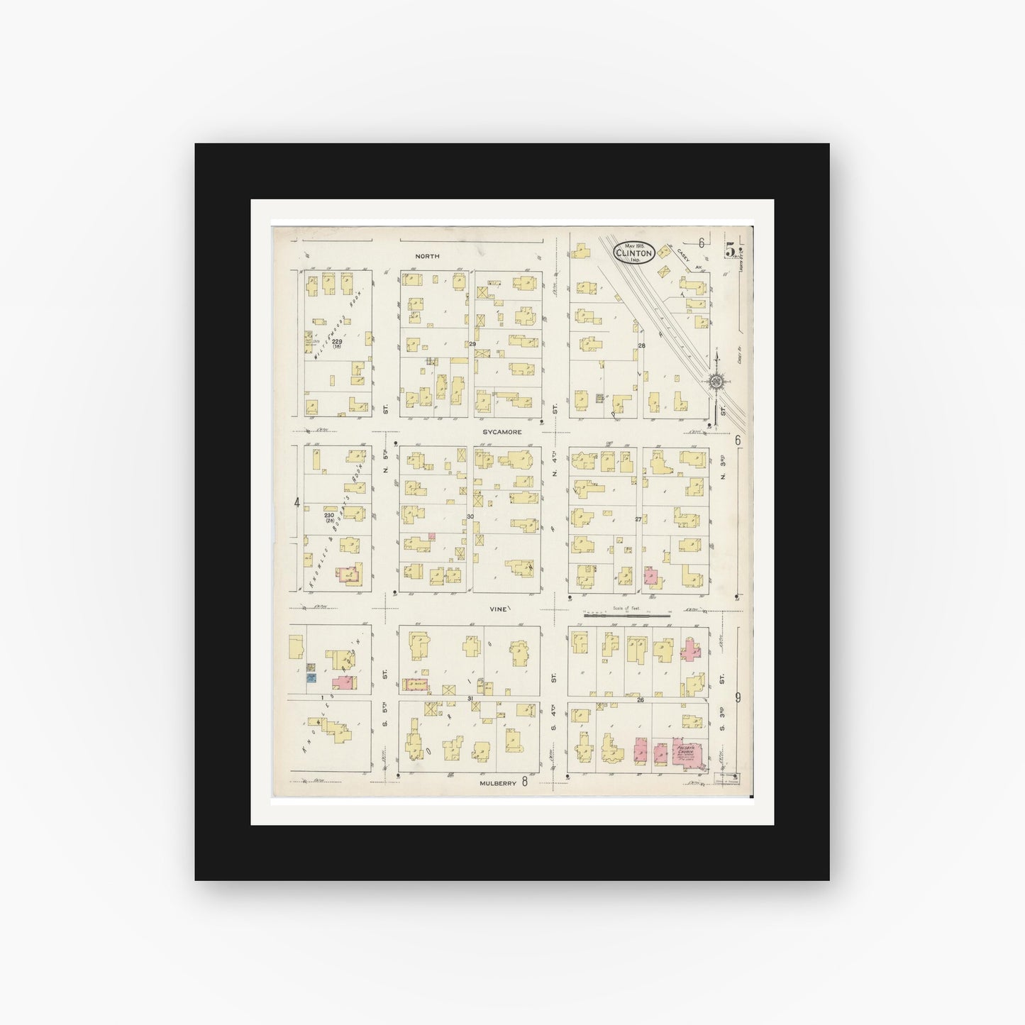 Old map wall art mockup — black gallery frame with white mat — Sanborn Fire Insurance Map from Clinton, Vermillion County, Indiana (1915), Sheet #0005