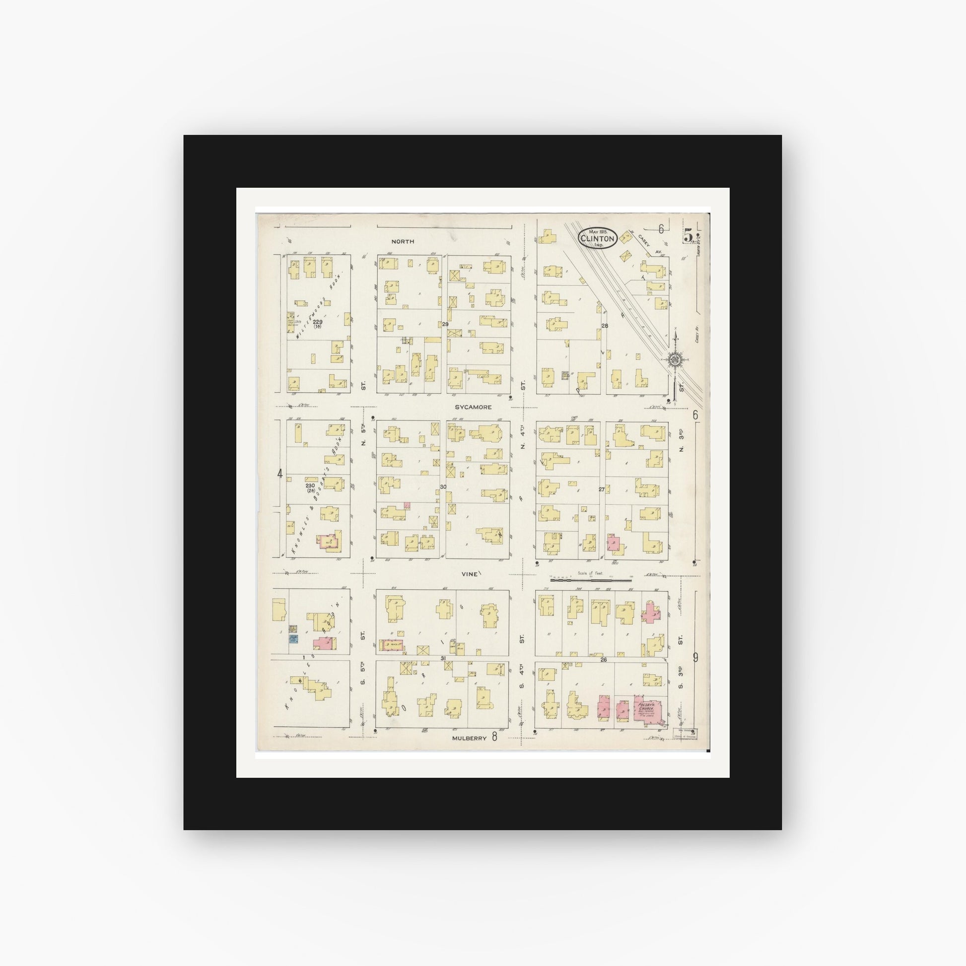 Old map wall art mockup — black gallery frame with white mat — Sanborn Fire Insurance Map from Clinton, Vermillion County, Indiana (1915), Sheet #0005