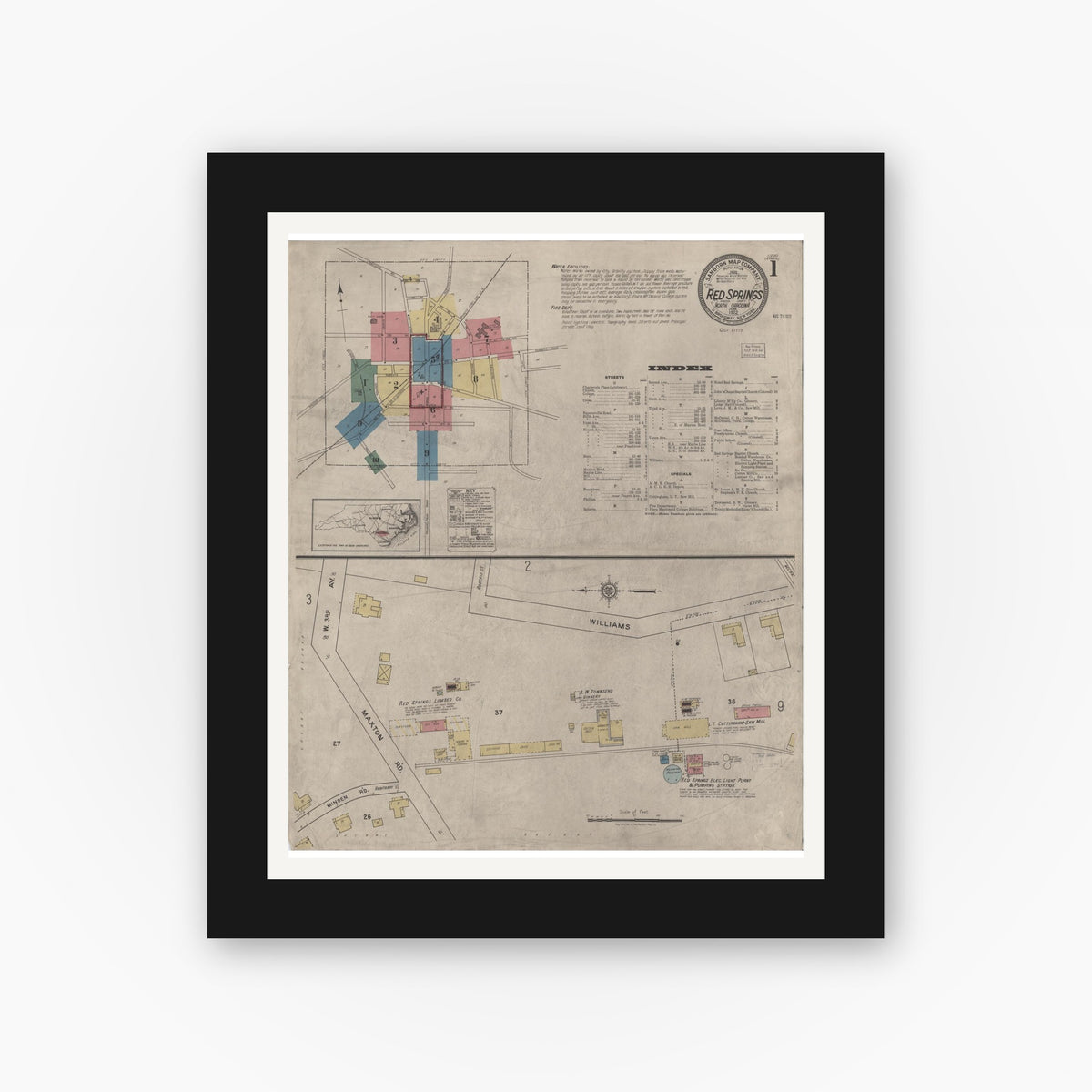 Old map wall art mockup — black gallery frame with white mat — Sanborn Fire Insurance Map from Red Springs, Robeson County, North Carolina (1922), Sheet #0001
