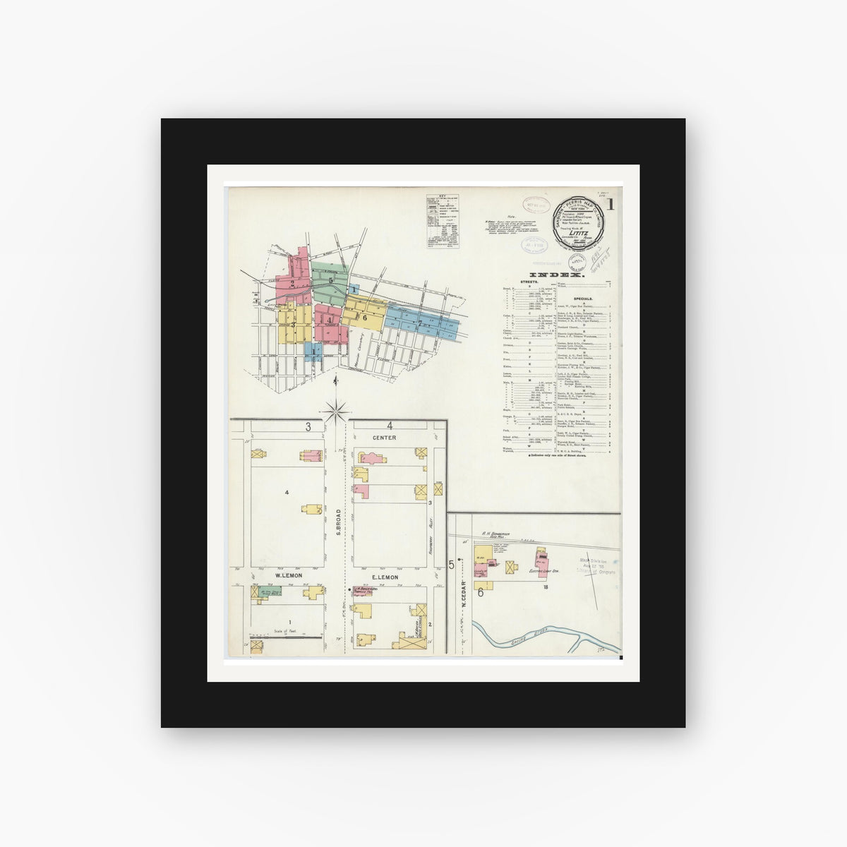 Old map wall art mockup — black gallery frame with white mat — Sanborn Fire Insurance Map from Lititz, Lancaster County, Pennsylvania (1898), Sheet #0001