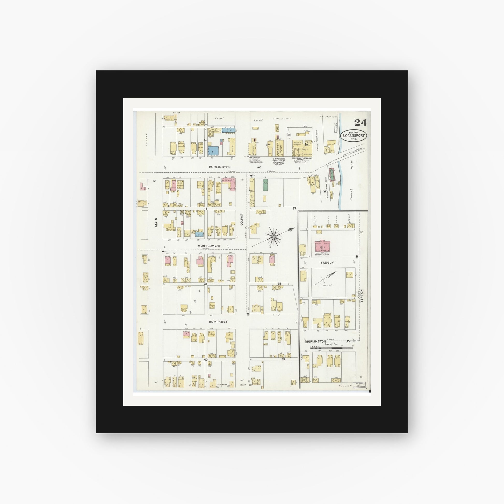 Old map wall art mockup — black gallery frame with white mat — Sanborn Fire Insurance Map from Logansport, Cass County, Indiana (1906), Sheet #0024
