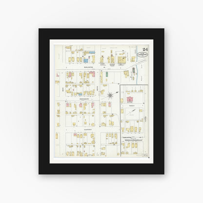 Old map wall art mockup — black gallery frame with white mat — Sanborn Fire Insurance Map from Logansport, Cass County, Indiana (1906), Sheet #0024