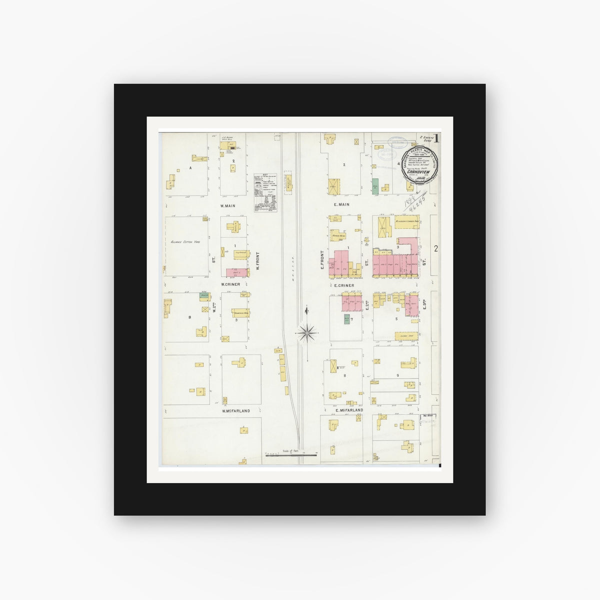 Old map wall art mockup — black gallery frame with white mat — Sanborn Fire Insurance Map from Grandview, Johnson County, Texas (1898), Sheet #0001