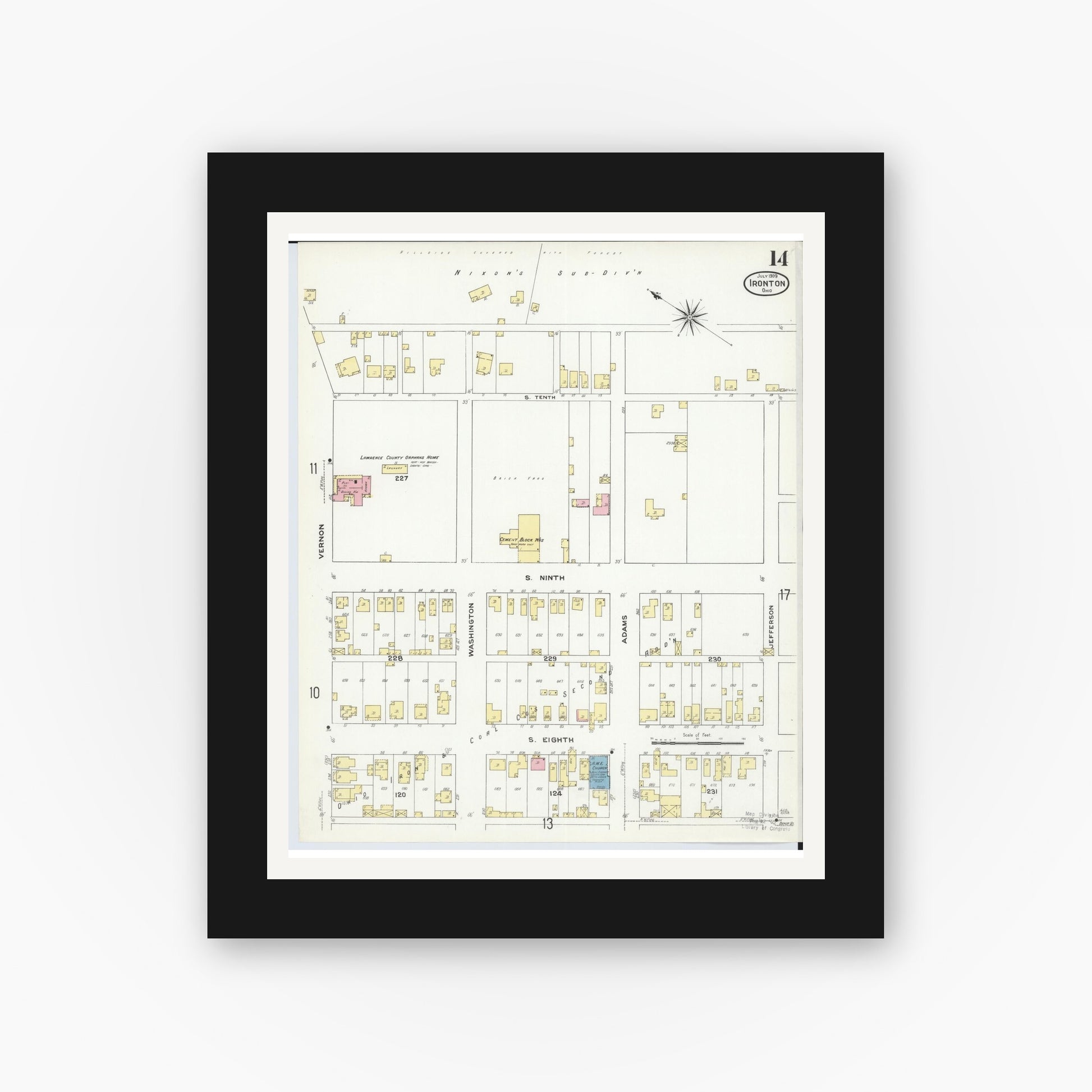 Old map wall art mockup — black gallery frame with white mat — Sanborn Fire Insurance Map from Ironton, Lawrence County, Ohio (1909), Sheet #0014