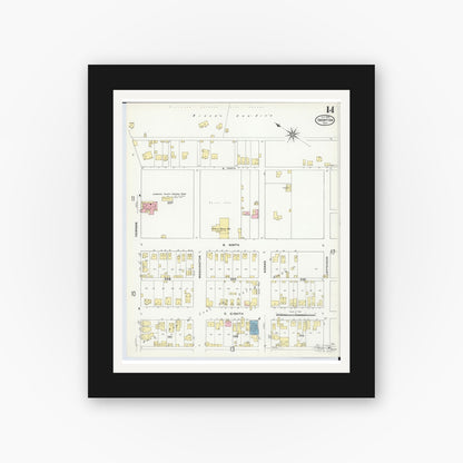 Old map wall art mockup — black gallery frame with white mat — Sanborn Fire Insurance Map from Ironton, Lawrence County, Ohio (1909), Sheet #0014
